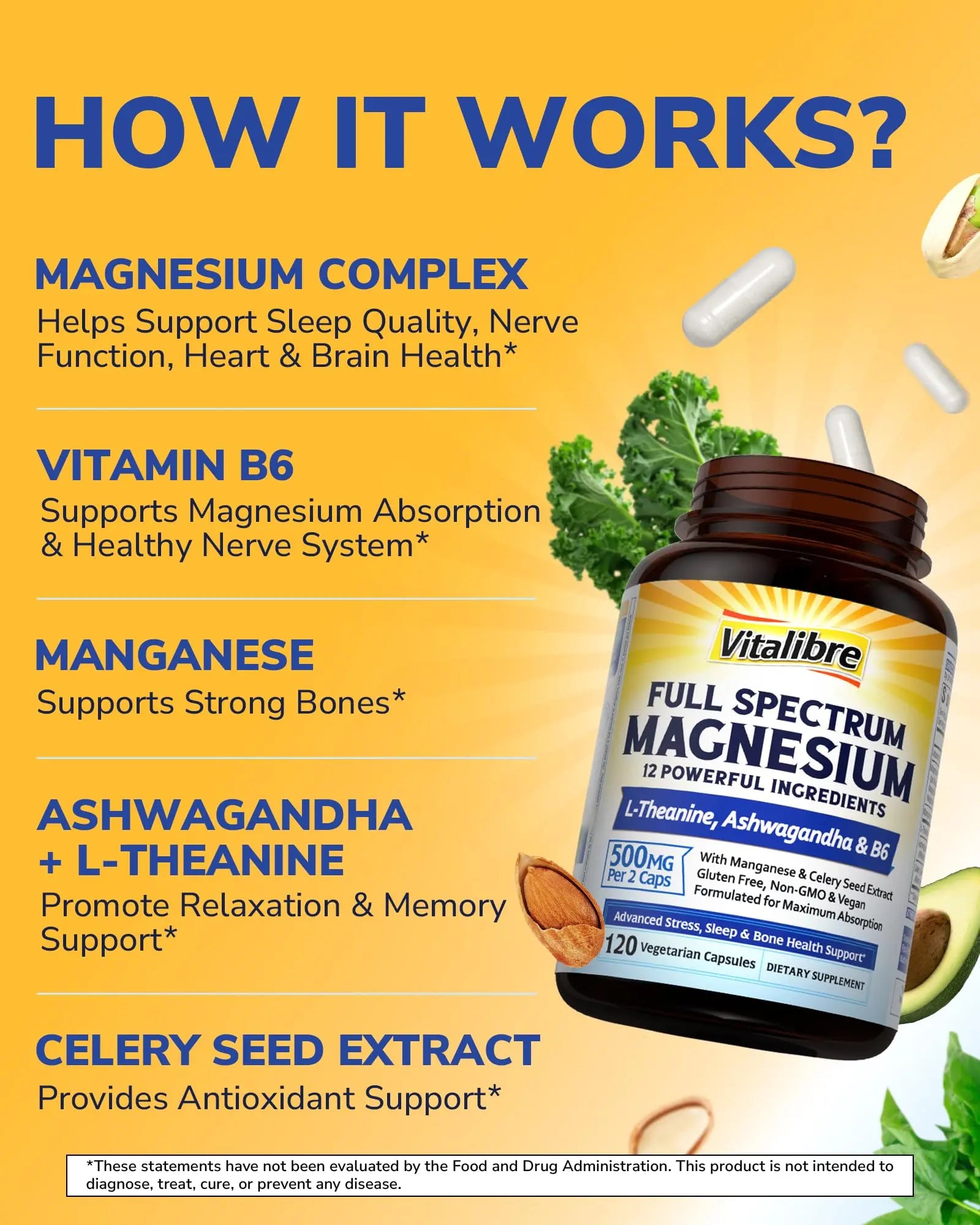 Vitalibre Magnesium Complex Supplement 500mg + Ashwagandha, L-Theanine, Vitamin B6 & Celery, High Absorption Magnesium Glycinate, Citrate, Malate, Sleep & Bone Support, 120 Vegan Capsules Vitalibre Au supplements