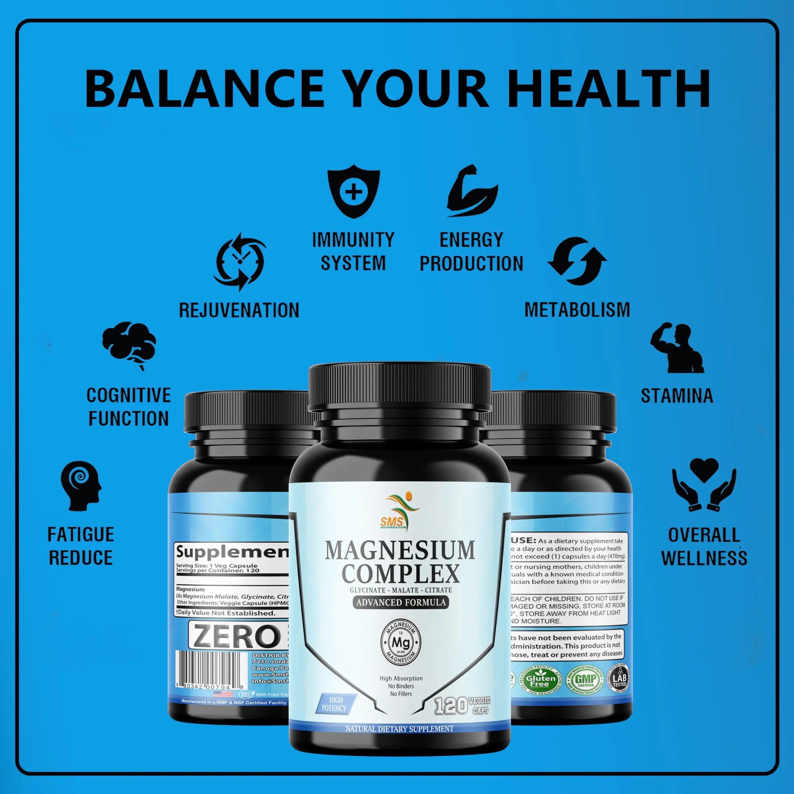 SMSHEALTHPRODUCTS.com Magnesium Complex | 470mg of Magnesium Glycinate, Malate, & Citrate for Muscles, Nerves, & Energy | High Absorption | Vegan, Non-GMO | 120 Capsules SMSHEALTHPRODUCTS.com Au supplements