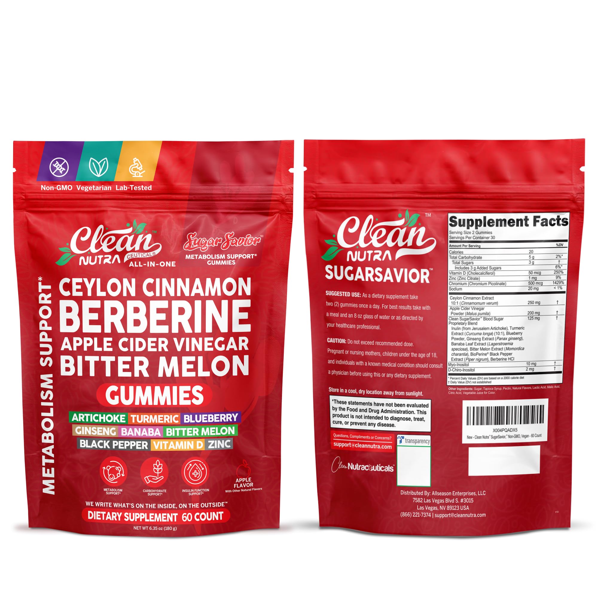 Sugar Savior Ceylon Cinnamon Berberine Gummies Apple Cider Vinegar Artichoke Turmeric Blueberry Ginseng Banaba Bitter Melon Black Pepper Vitamin D Zinc GLP1 Gummies 60 Count by Clean Nutra Clean Nutraceuticals Au supplements