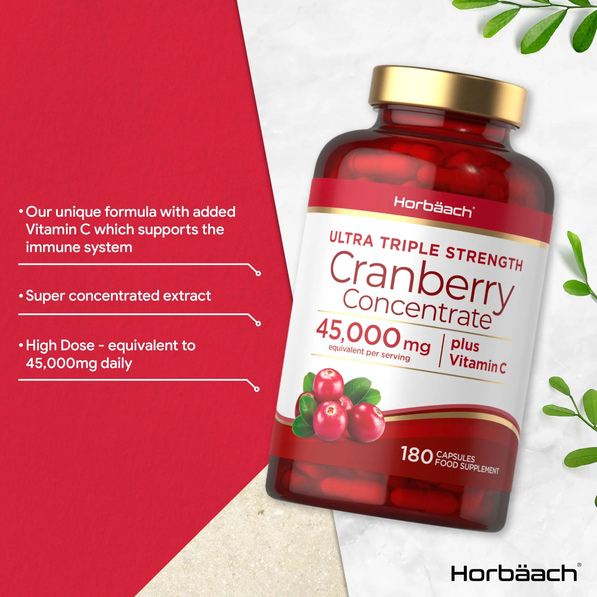 Cranberry Capsules 45,000 mg | High Strength Cranberry Extract with Vitamin C Horbäach Au supplements