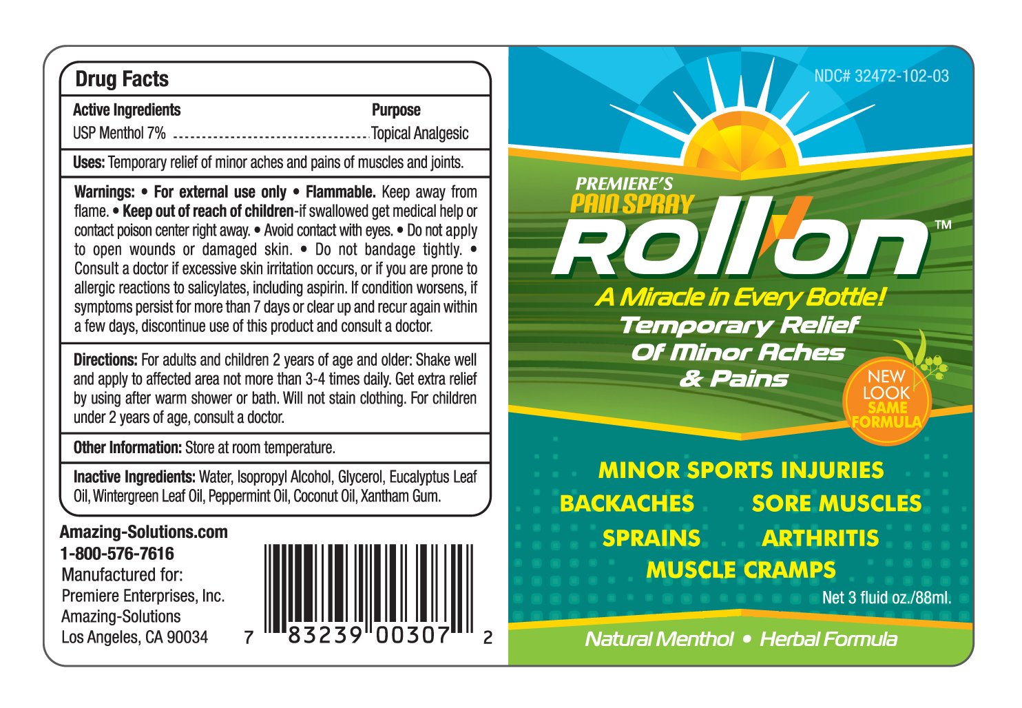 Premiere's Pain Spray All-Natural Menthol & Peppermint Roller Herbal Blend for Joint and Nerve Pain, Muscle Soreness, Sprains, Cramps, Sports Injuries, Back Pain & Neck Shoulder Aches - 1 Pack Premiere's Pain Spray Au supplements