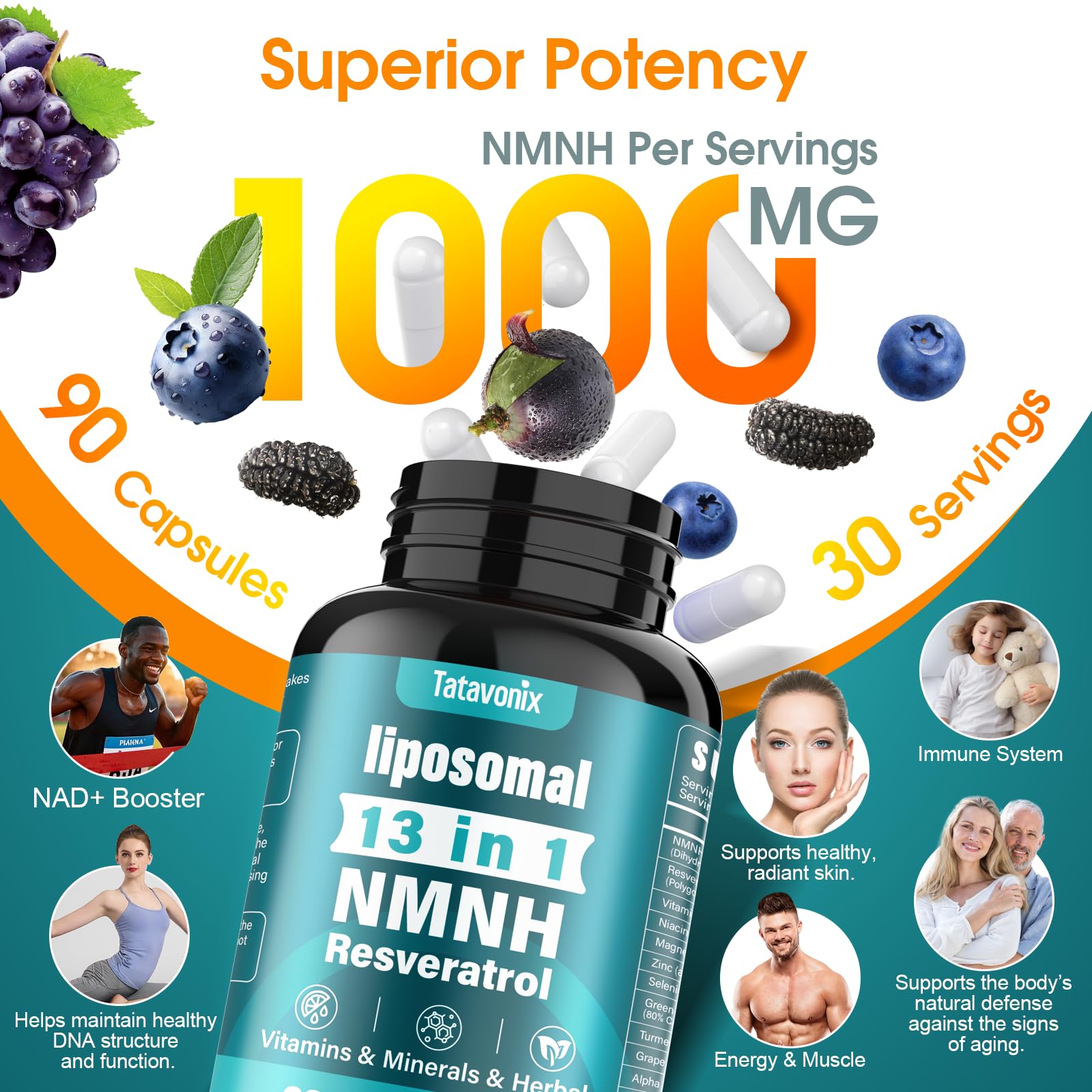 13 in 1 NMNH (Dihydronicotinamide Mononucleotide) 1000mg Per Serving, NMN Supplement Alternative with Liposomal NAD+ and Resveratrol, Non-GMO, Gluten-Free – for Anti-Aging, Energy, Focus – 90 Capsules Tatavonix Au supplements