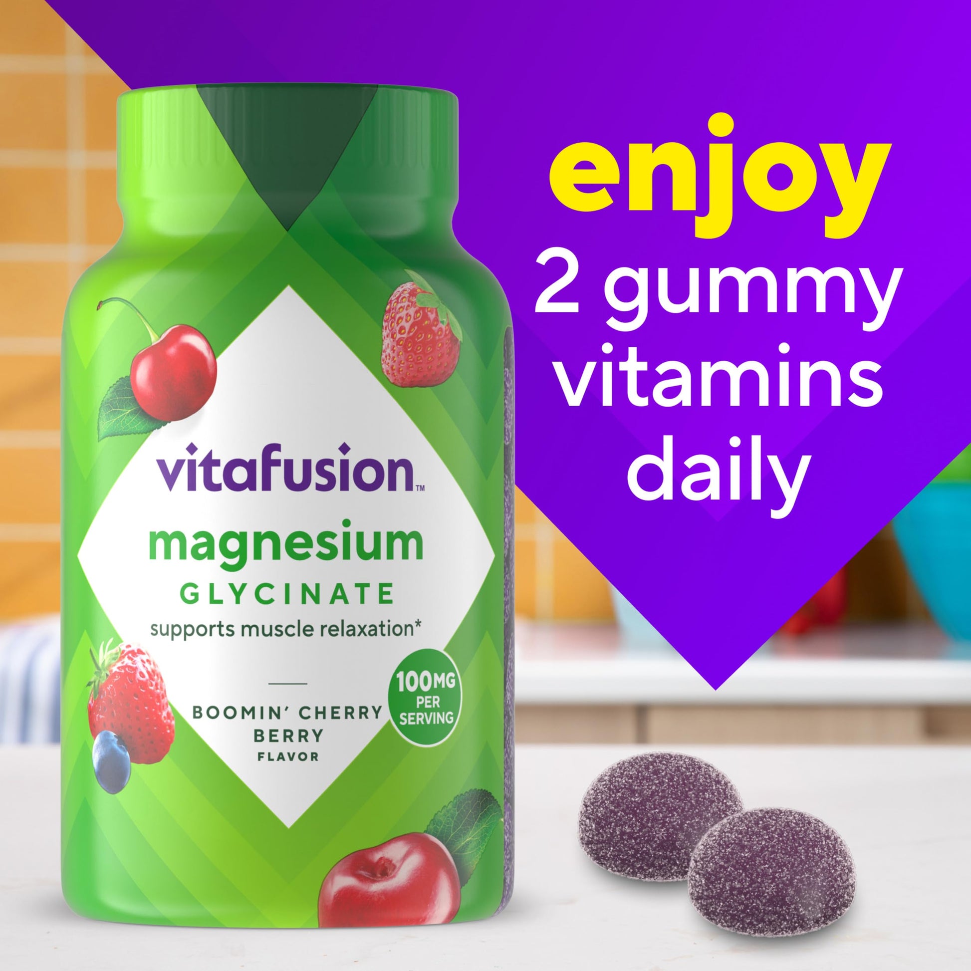 vitafusion Magnesium Glycinate Gummy Supplement, 100 mg per Serving Supports Muscle Relaxation (1) for Adult Women & Men, Boomin’ Cherry Berry Flavor, 60 Count Vitafusion Au supplements