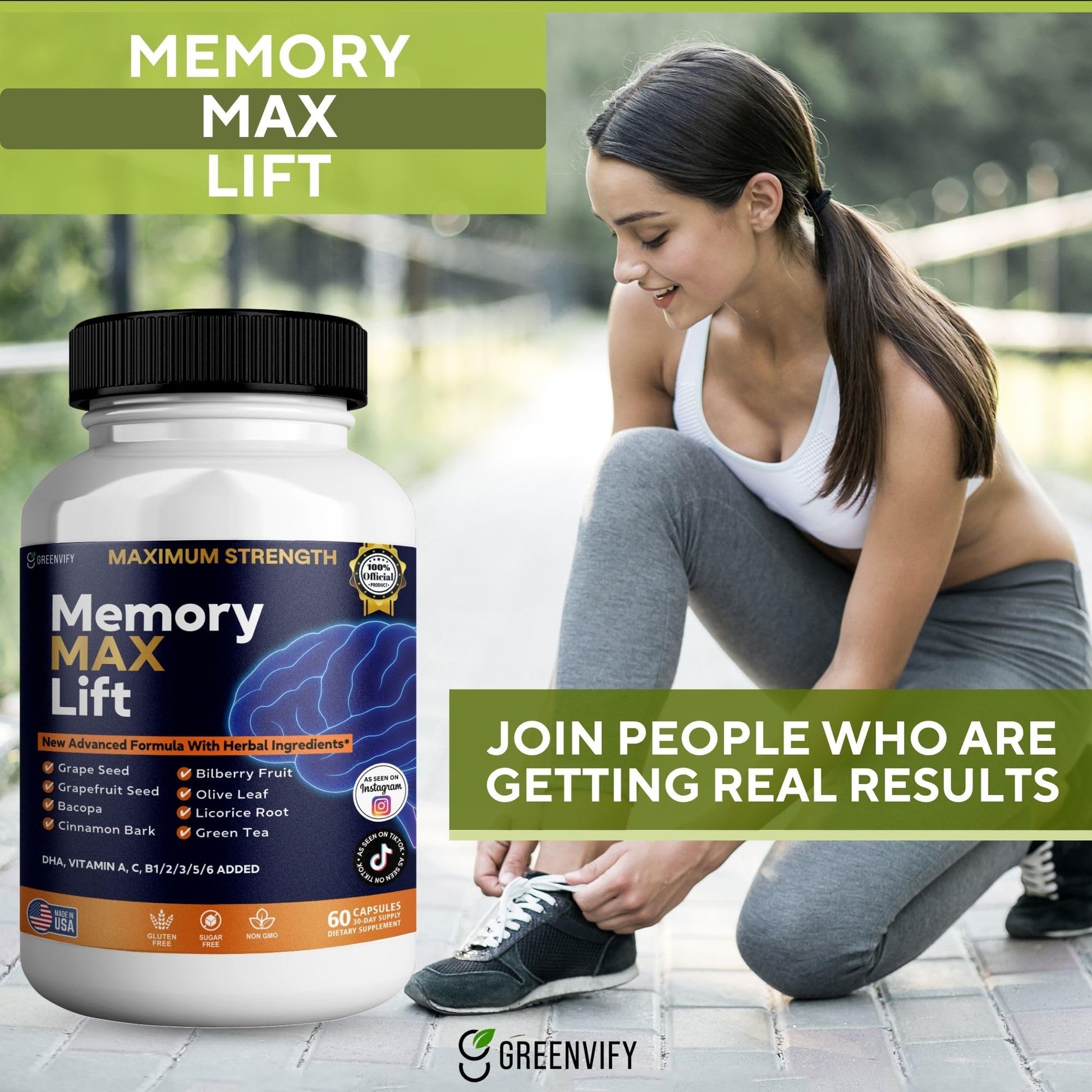 GREENVIFY Memory MAX Lift Brain Support Supplement, 60 Capsules, with Vitamins and Herbal Blend, 30 Day Supply (1) GREENVIFY Au supplements