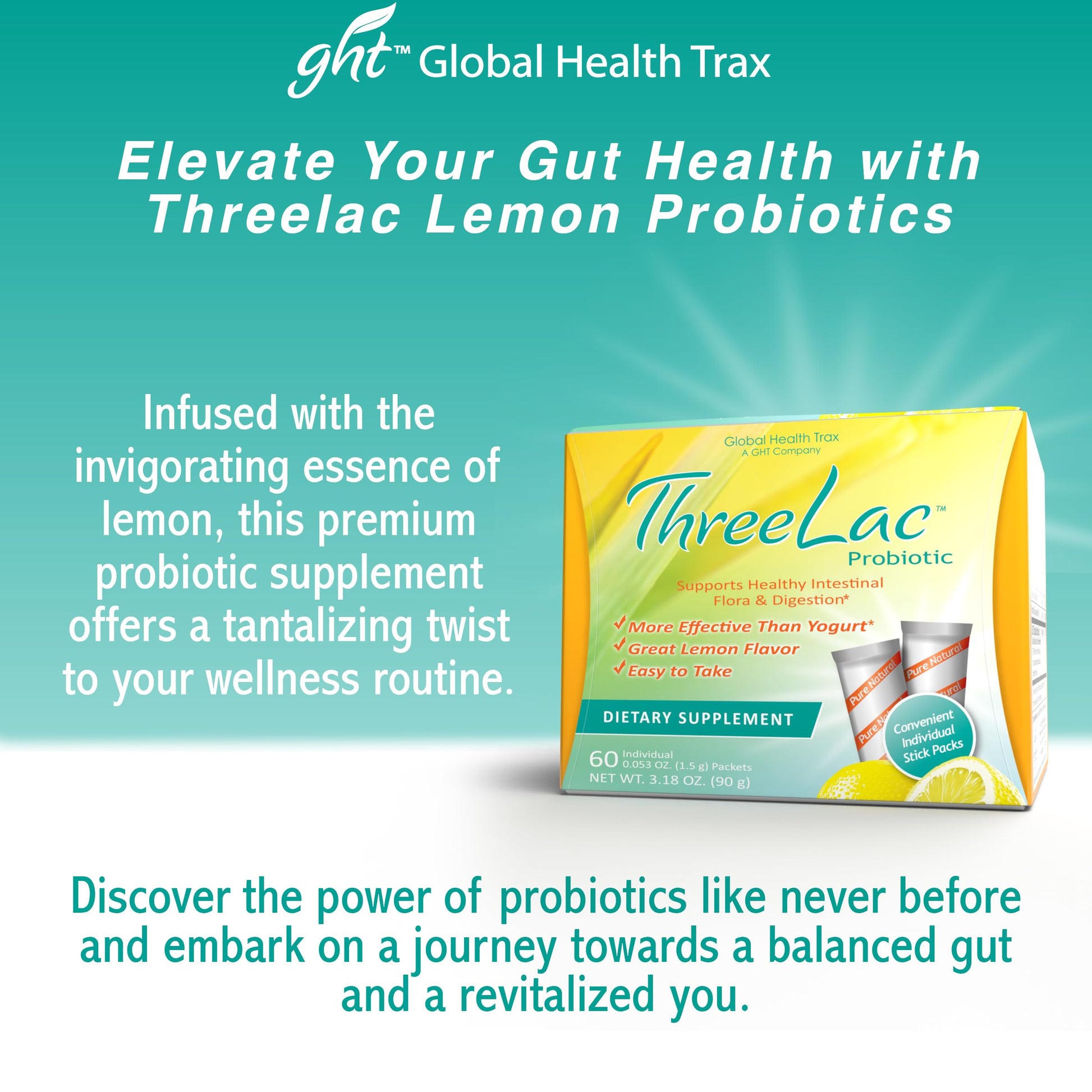 Global Health Trax ThreeLac Lemon Probiotic Drink Mix for Digestive Health - Advanced Probiotic Powder Formula for Men, Women, and Kids - Immune Support & Gut Balance, Non-GMO - 180 Packets ght Global Health Trax Au supplements