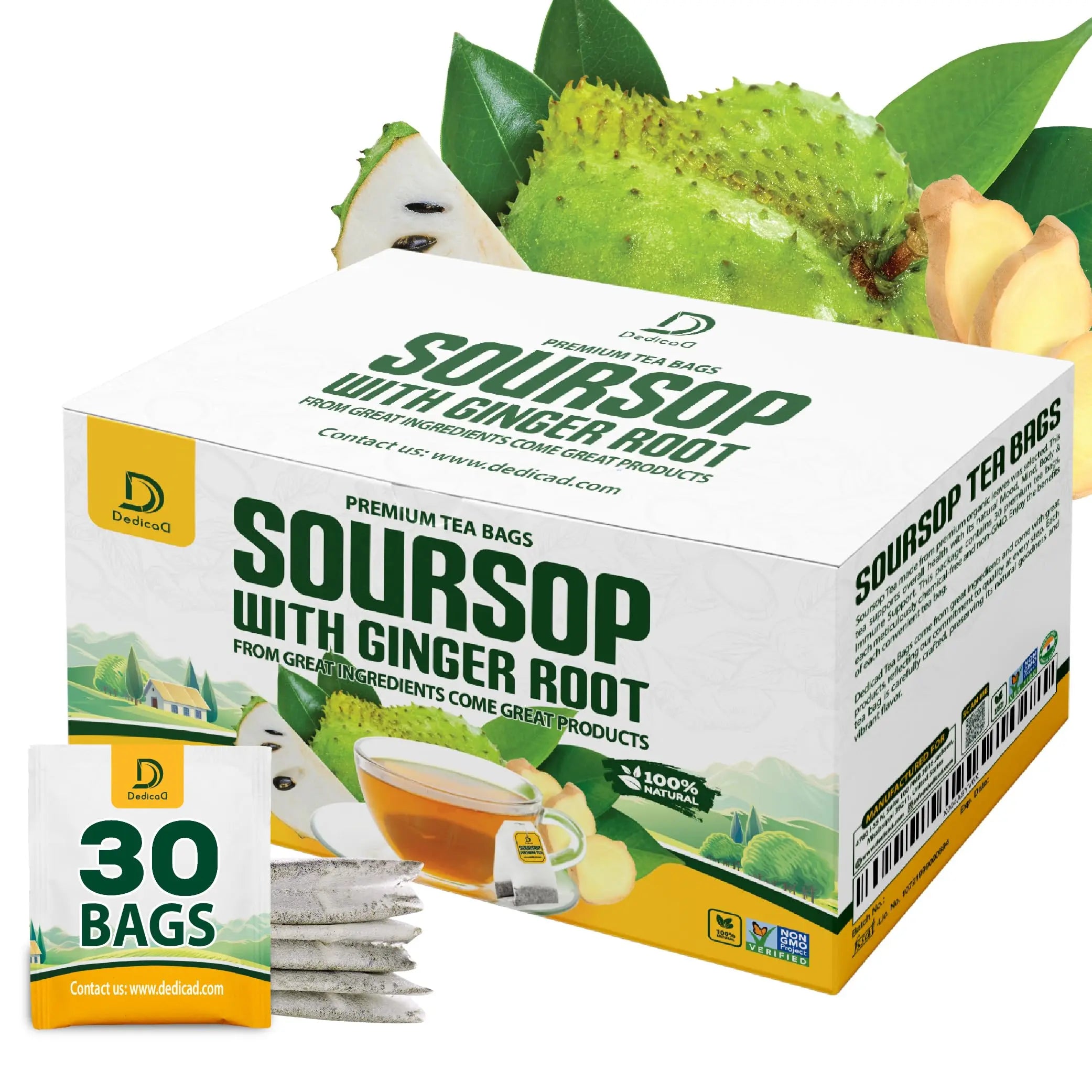 DEDICAD Soursop Leaves Tea Bags with Ginger, 30 Tea bags, 2gr/bag - Non-GMO/Caffeine free - Support Digestion, Well Skin, Immune System DEDICAD Au supplements
