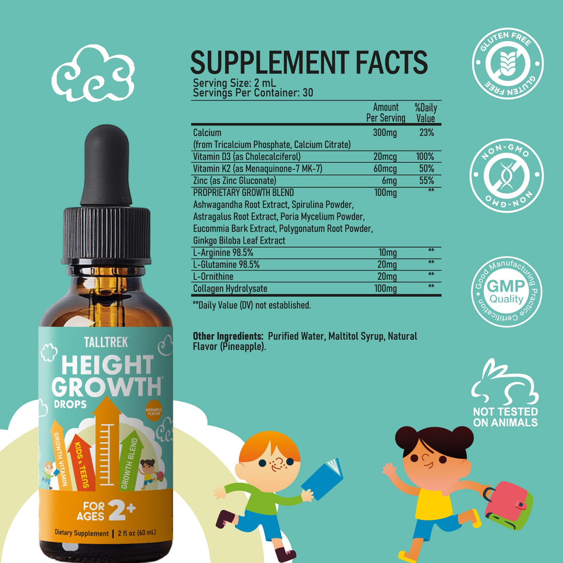TallTrek Height Growth Supplement Drops for Kids - Teens Bone Growth Height Increase and Maximizer Immune Health Drops with Vitamins D3 K2 Zinc & Calcium - Gluten Free Vegan Pineapple Flavor TallTrek Au supplements