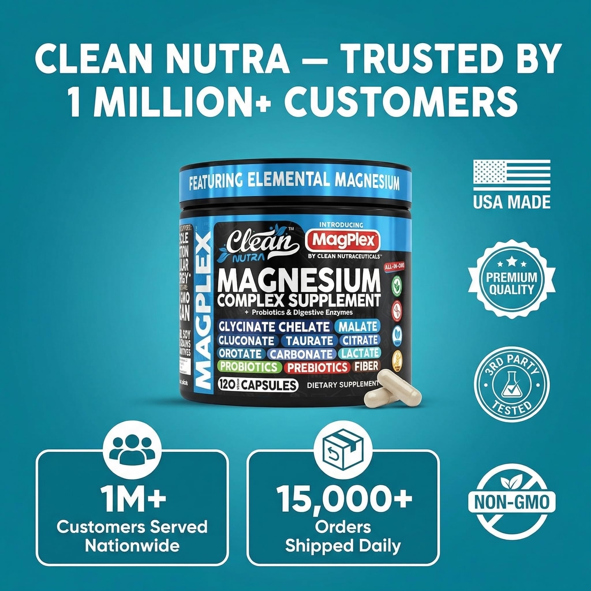 8in1 Magnesium Supplement Complex | Magnesium Glycinate Citrate Malate Gluconate Orotate Carbonate Lactate + Prebiotics Probiotics Digestive Enzymes Magnesio