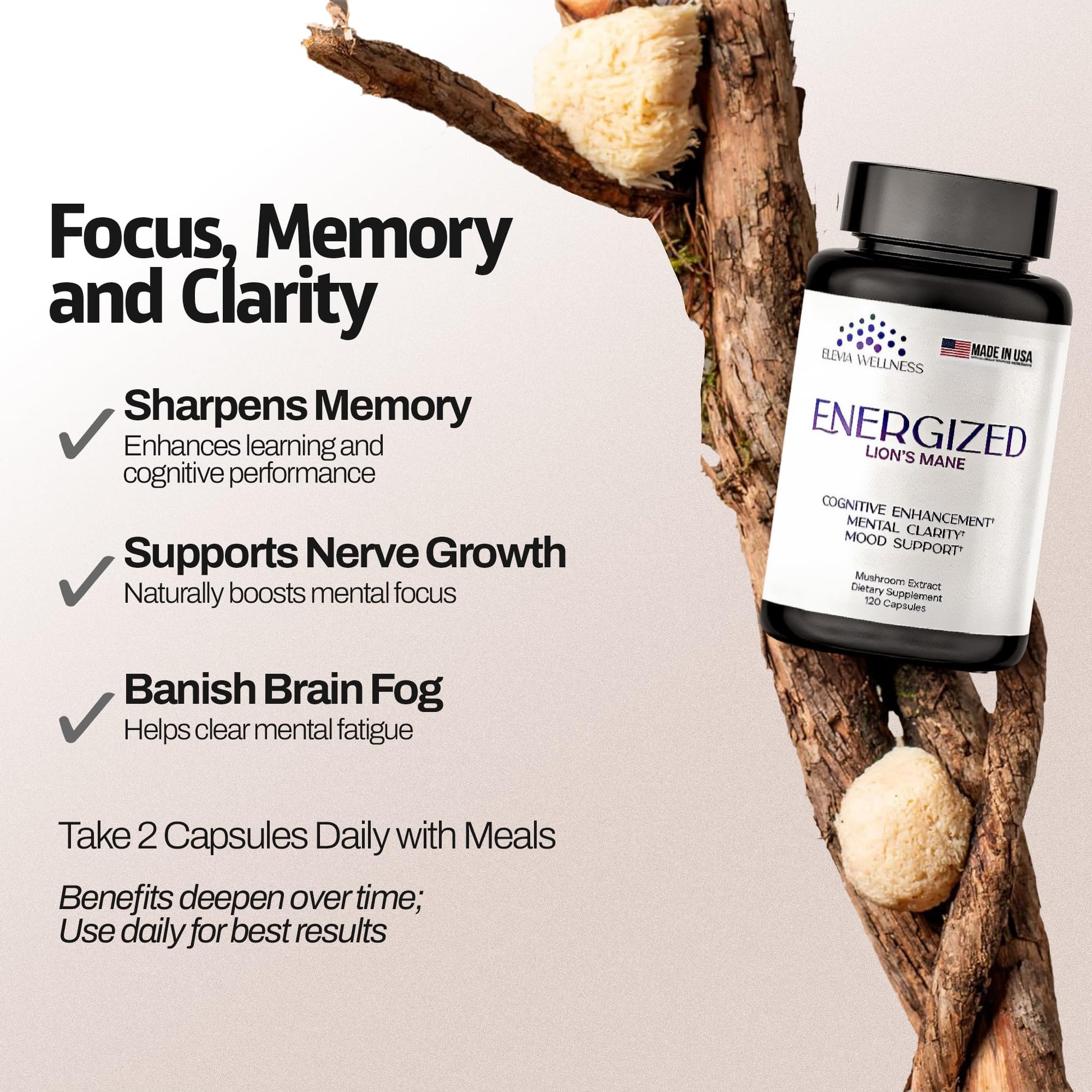 Energized Lions Mane Supplement Capsules (120ct),Brain Supplements for Memory and Focus, Nootropic for Brain Fog Relief Made in USA,30% Polysaccharides,Natural Brain Health Support Elevia Wellness Au supplements