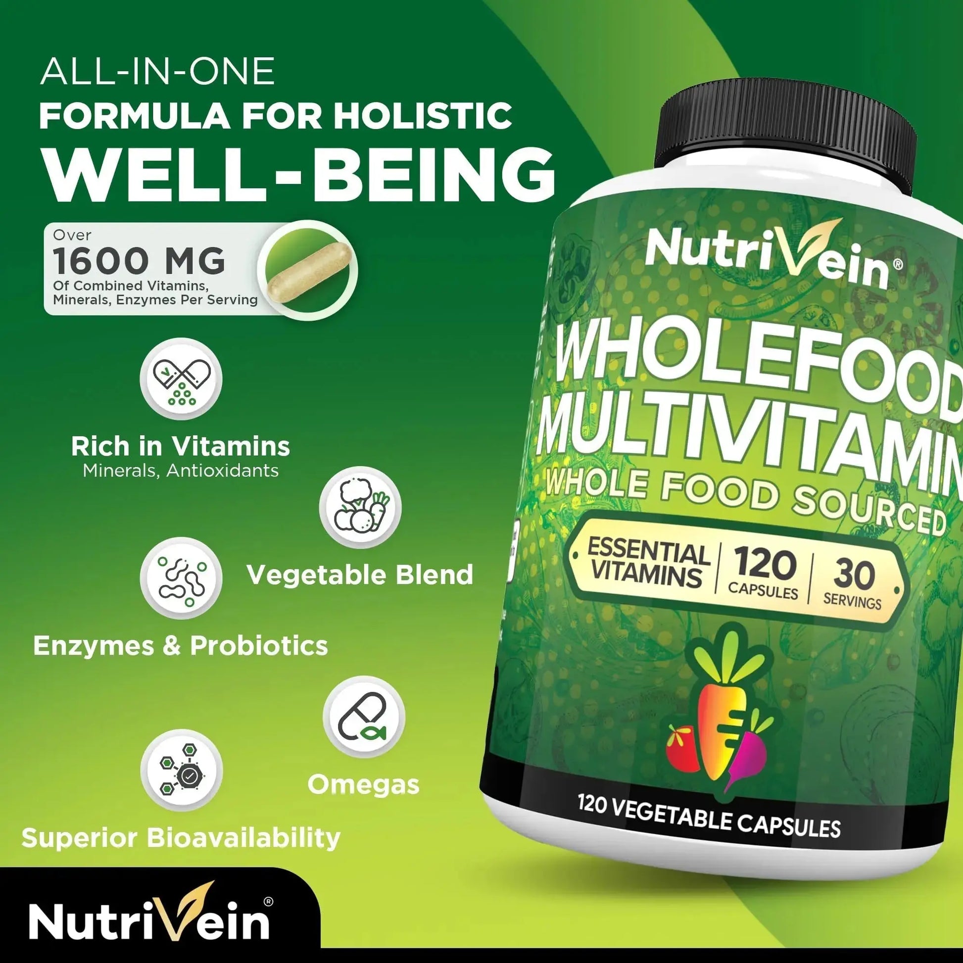 Nutrivein Whole Food Multivitamin for Men & Women – 120 Vegan Multivitamin Caps for Adults – Daily Energy, Immune & Heart Support Nutrivein Au supplements