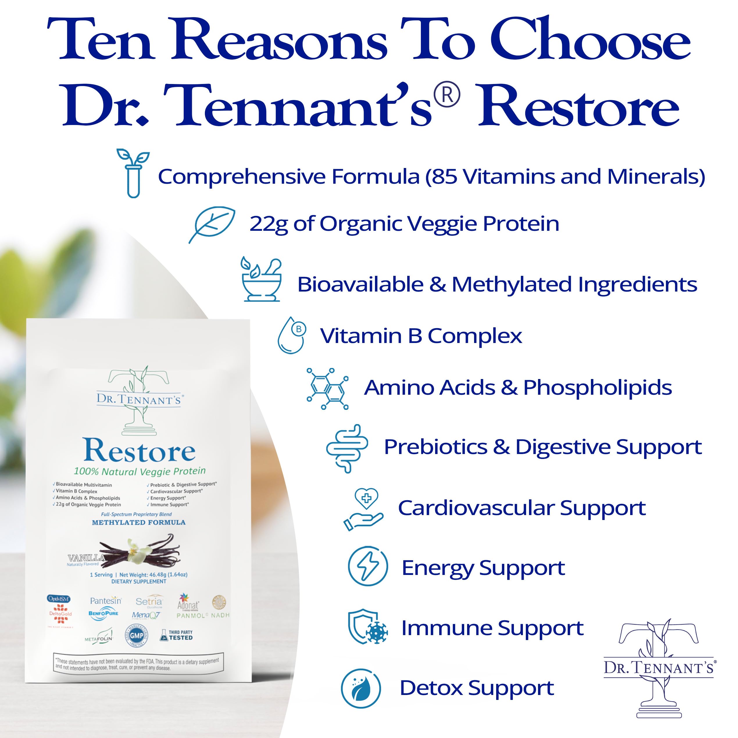 Dr. Tennant's Restore Vanilla Shake | 50+ Methylated Vitamins & Minerals | 23g Vegan Protein | Organic, Gluten-Free | Boosts Energy, Immune & Gut Health | 14-Day All-in-One Supplement Dr. Tennant's Au supplements