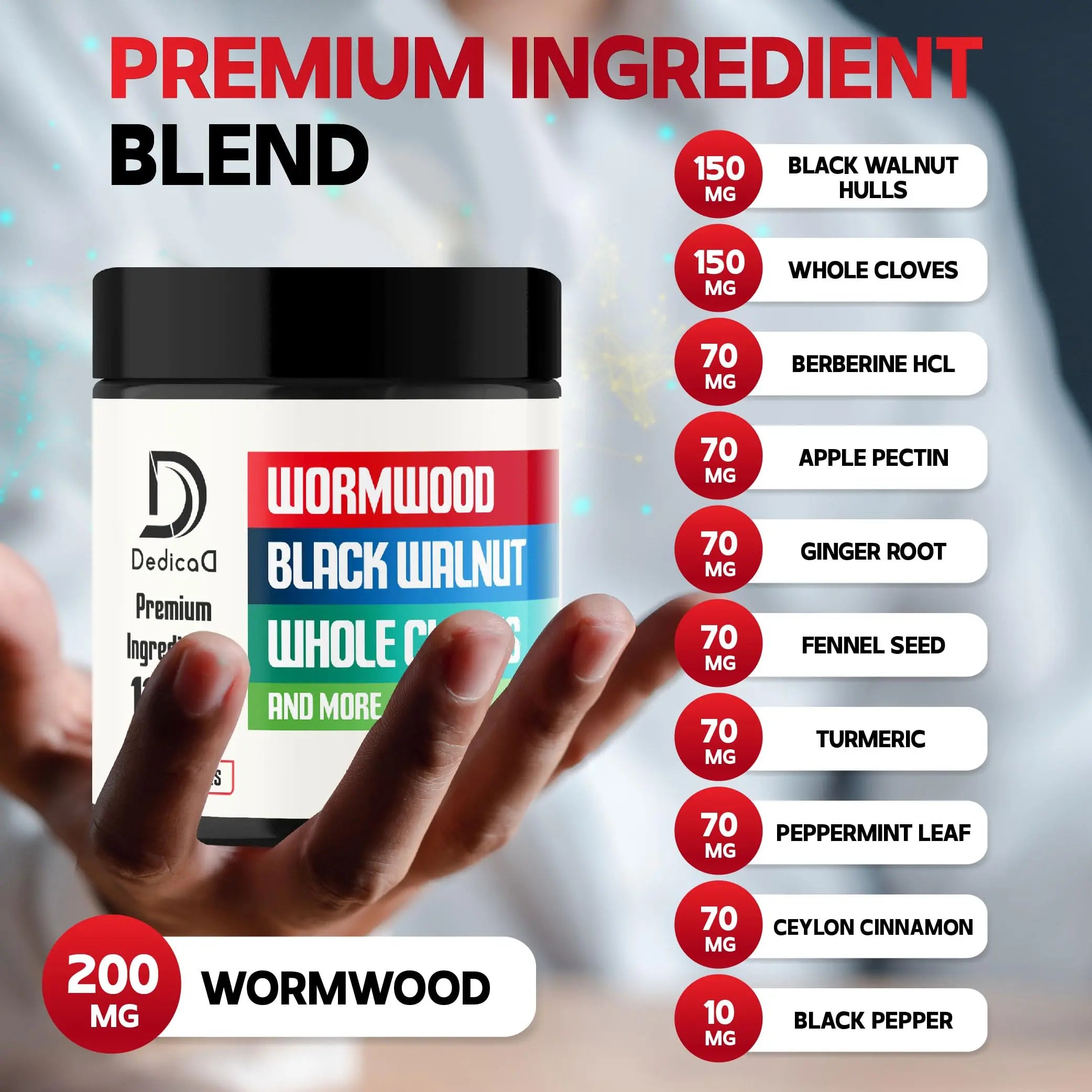 DEDICAD Wormwood Supplement - 120 Capsules Extracted from Black Walnut, Cloves, Turmeric, Apple, Berberine HCl & More - 11 Ingredients Combined for Immune System - 2-Month Supply DEDICAD Au supplements