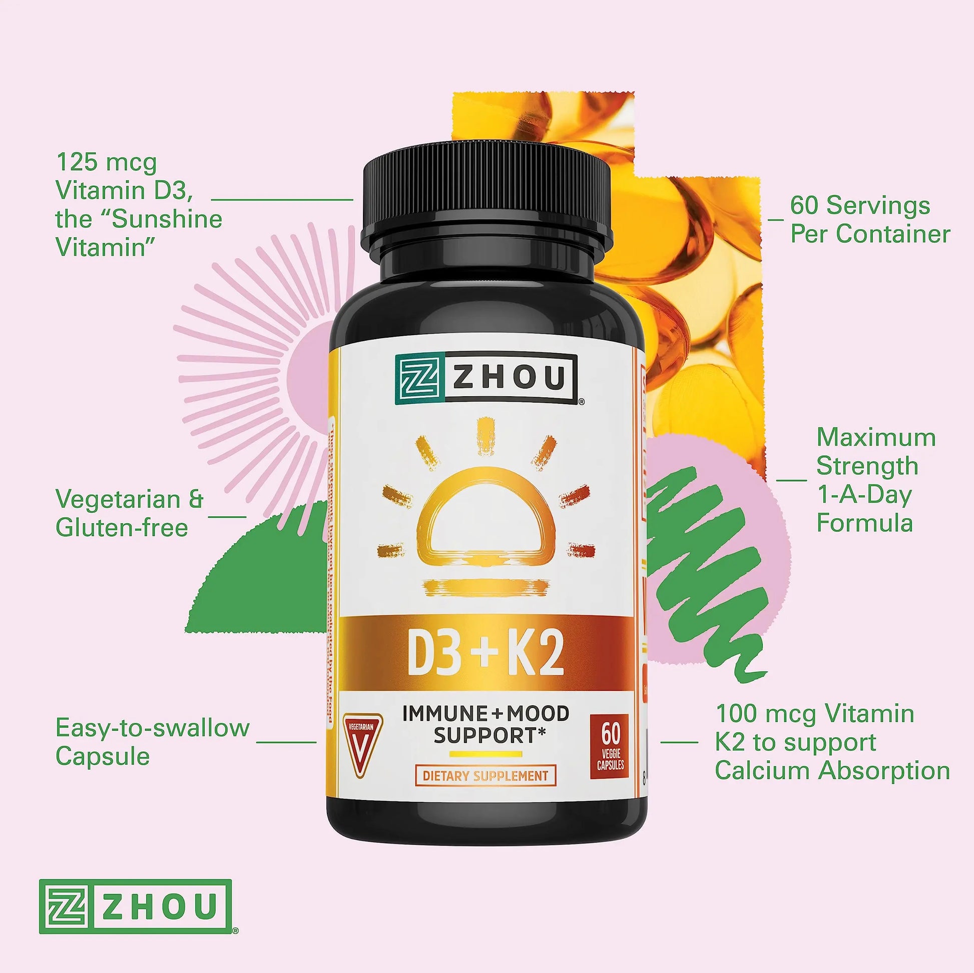 Zhou Nutrition Vitamin D3 K2, Bone and Heart Health Formula 5000 IU Vitamin D3 & 90 mcg Zhou Nutrition Au supplements
