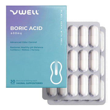 VWELL Boric Acid Vaginal Suppositories - Homeopathic Solution Maintains and Balances Healthy Vaginal pH & Microbiome Intimacy - Doctors Recommended (One Size, 30, Count) VWELL Au supplements