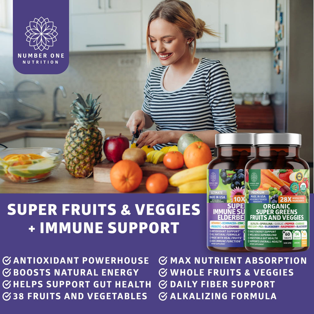 N1N Premium Organic Super Fruits & Veggies + Immune Support [38 Powerful Ingredients], Natural Super Greens Supplement with Alfalfa, Vitamins & Minerals, Zinc, Turmeric and Probiotic, 120 Caps Number One Nutrition Au supplements