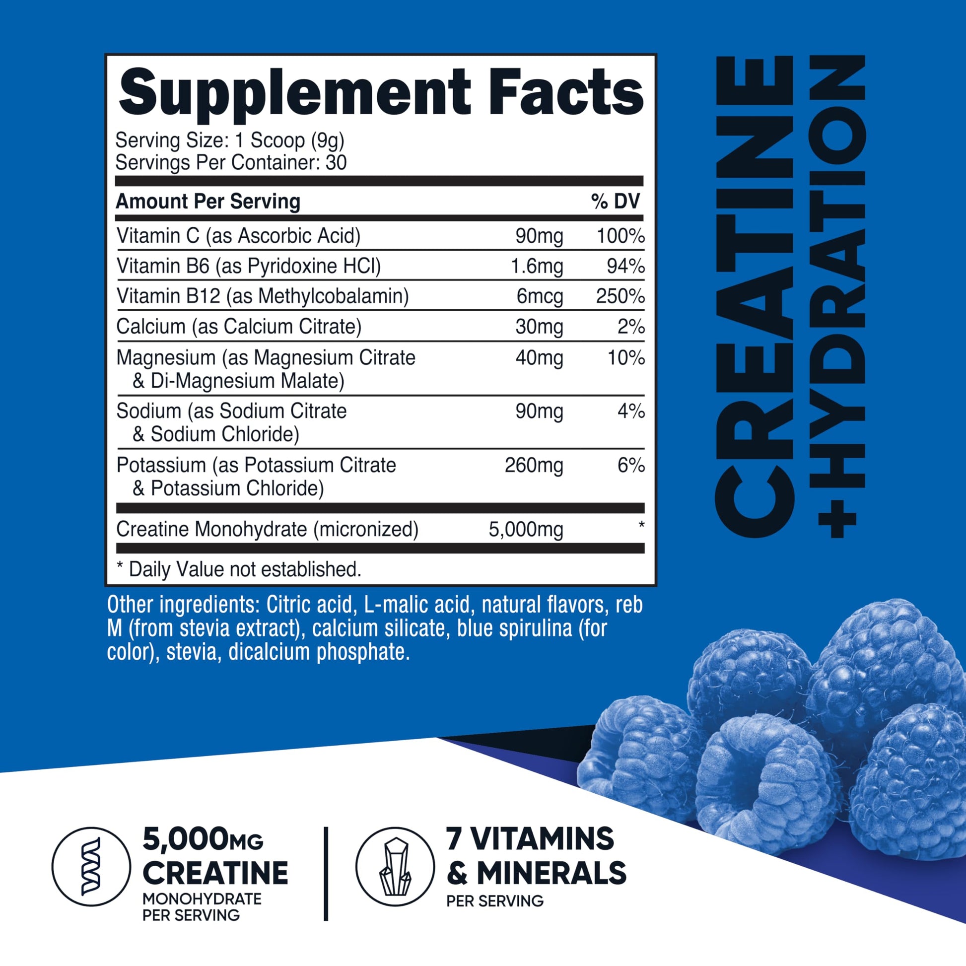 Nutricost Creatine Monohydrate + Hydration Blue Raspberry Flavored (30 Servings) - 7 Vitamins & Minerals, 5000mg of Creatine Per Serving Nutricost Au supplements