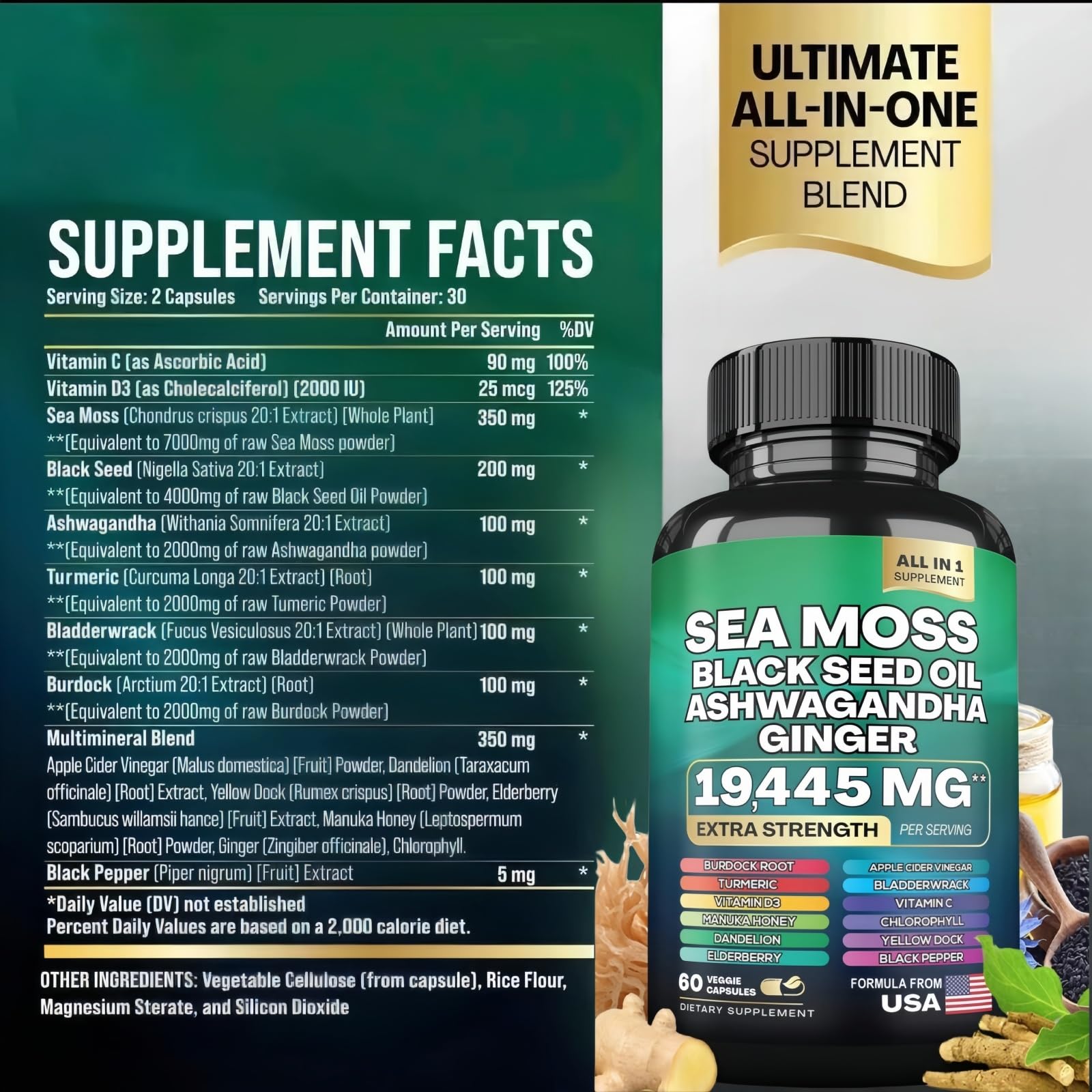 HealthyFinds Sea Moss Black Seed Oil Ashwagandha Ginger Capsules with Turmeric Bladderwrack Burdock & Vitamin C Vitamin D3 with Elderberry Manuka Dandelion Yellow Dock Iodine Chlorophyll ACV HealthyFinds Au supplements
