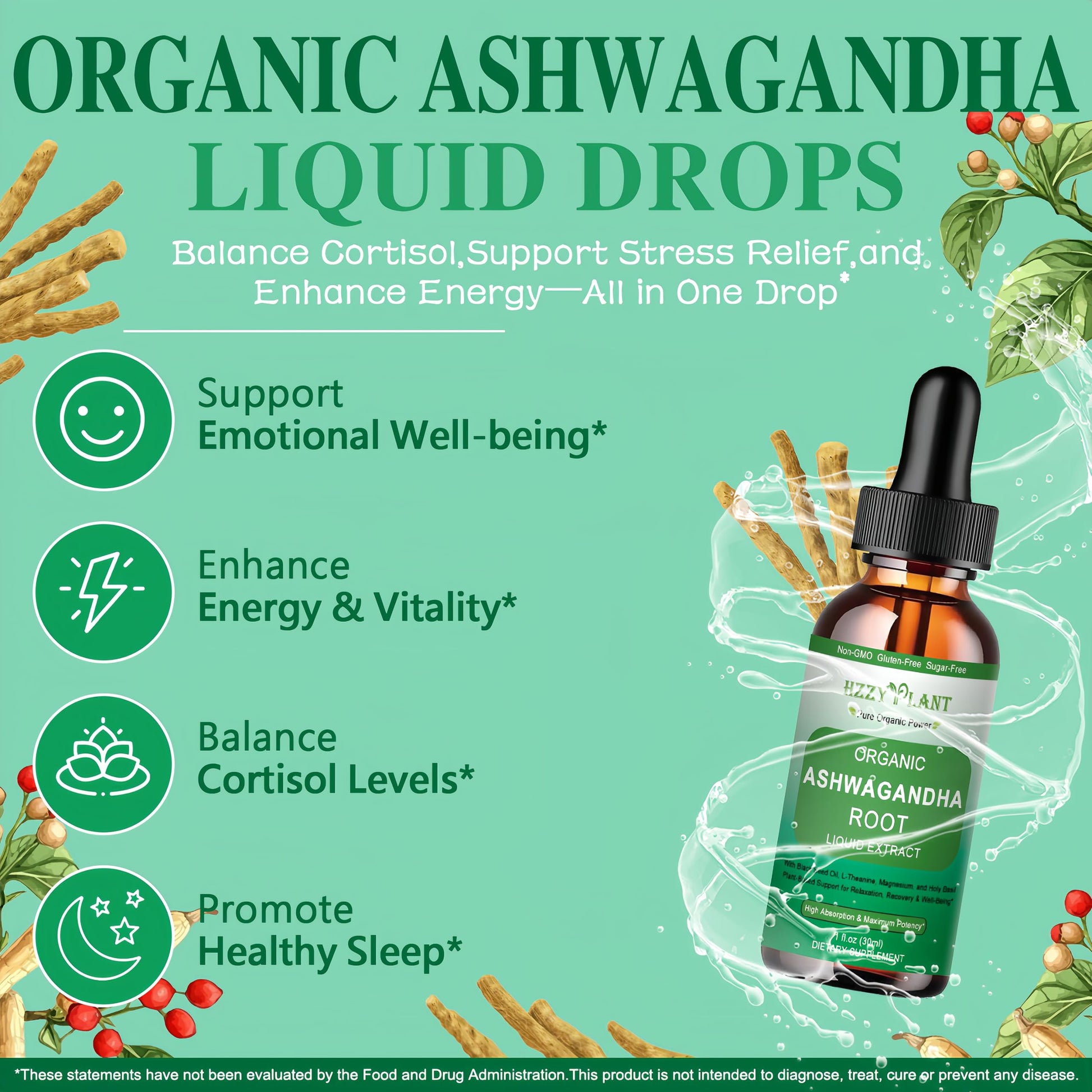 Organic Ashwagandha Drops,High Absorption Ashwagandha Extract Tincture for Stress Relief,Relaxation,Cortisol Support,Ashwagandha for Women & Men with Magnesium,L Theanine,Black Seed Oil,Vegan,Non-GMO HZZYPLANT Au supplements