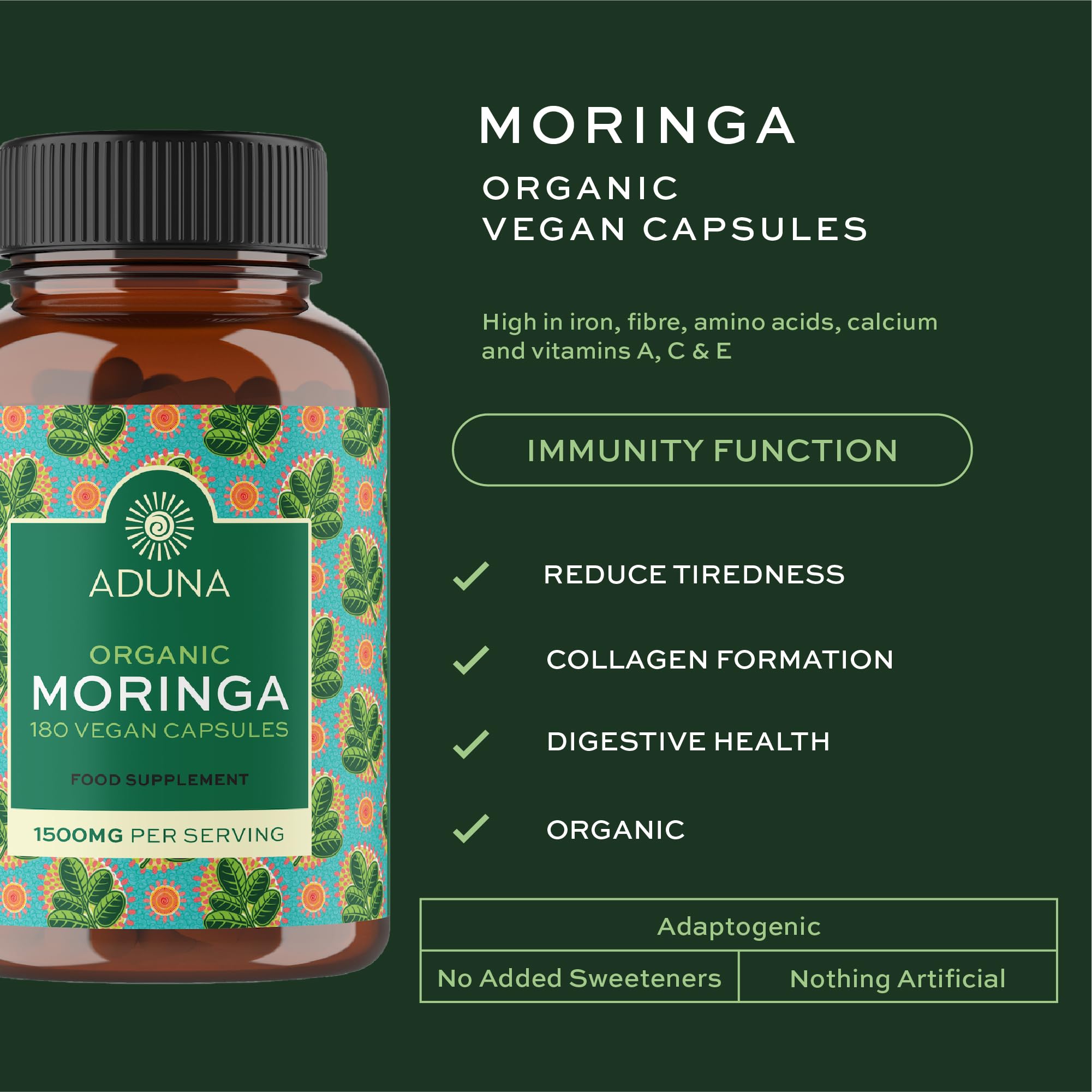 Aduna Organic Moringa Capsules 1500mg | 100% Pure Moringa Leaf for Energy, Immunity & Focus | Natural Plant-Based Food Supplement for Tiredness, Recovery & Breastfeeding | 180 Vegan Capsules Aduna Au supplements