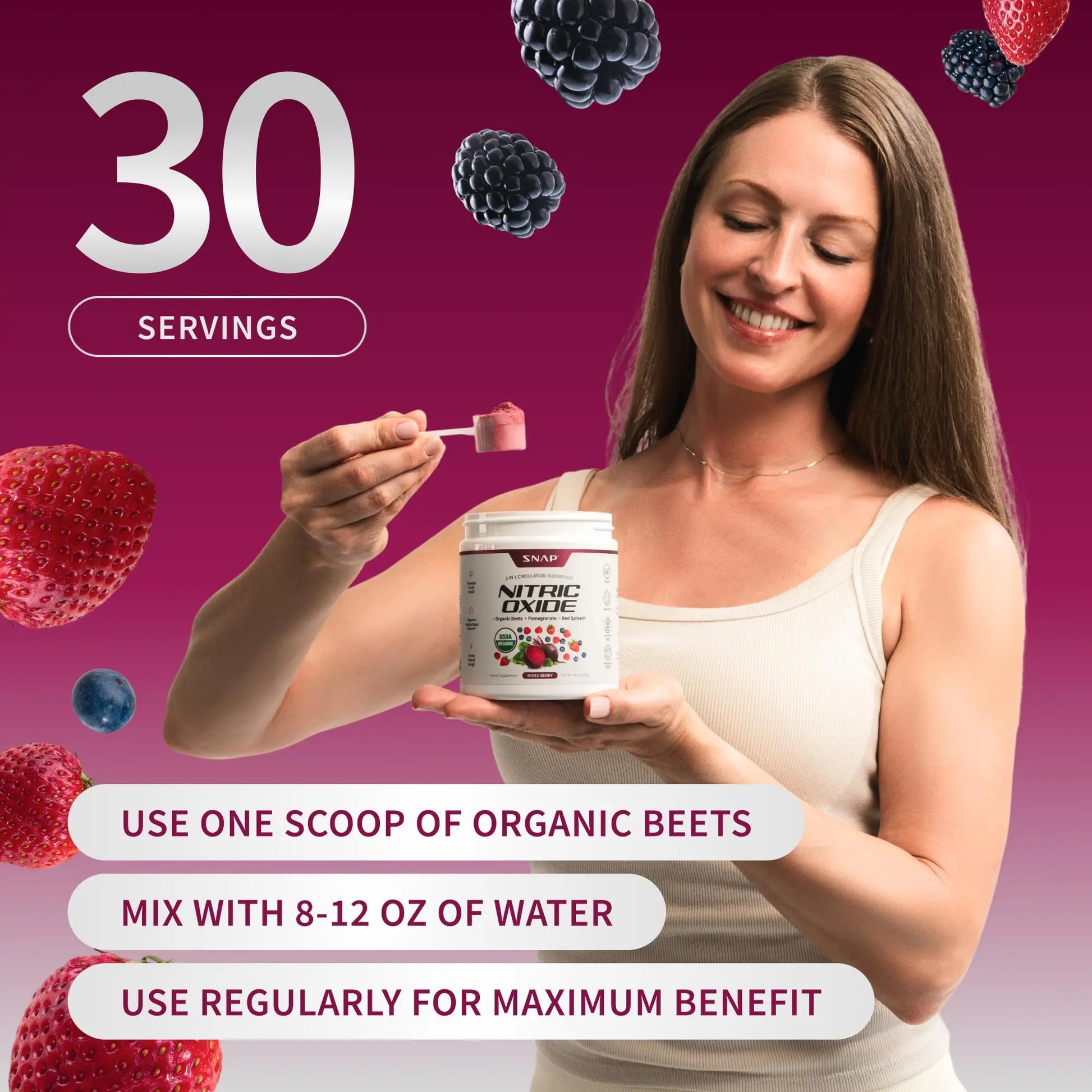 Snap Supplements Organic Beet Root Powder Nitric Oxide Supplement for Men & Women, Red Spinach & Pomegranate, Supports Healthy Energy & Blood Pressure Already in Normal Range, 30 Servings, Mixed Berry Snap Supplements Au supplements