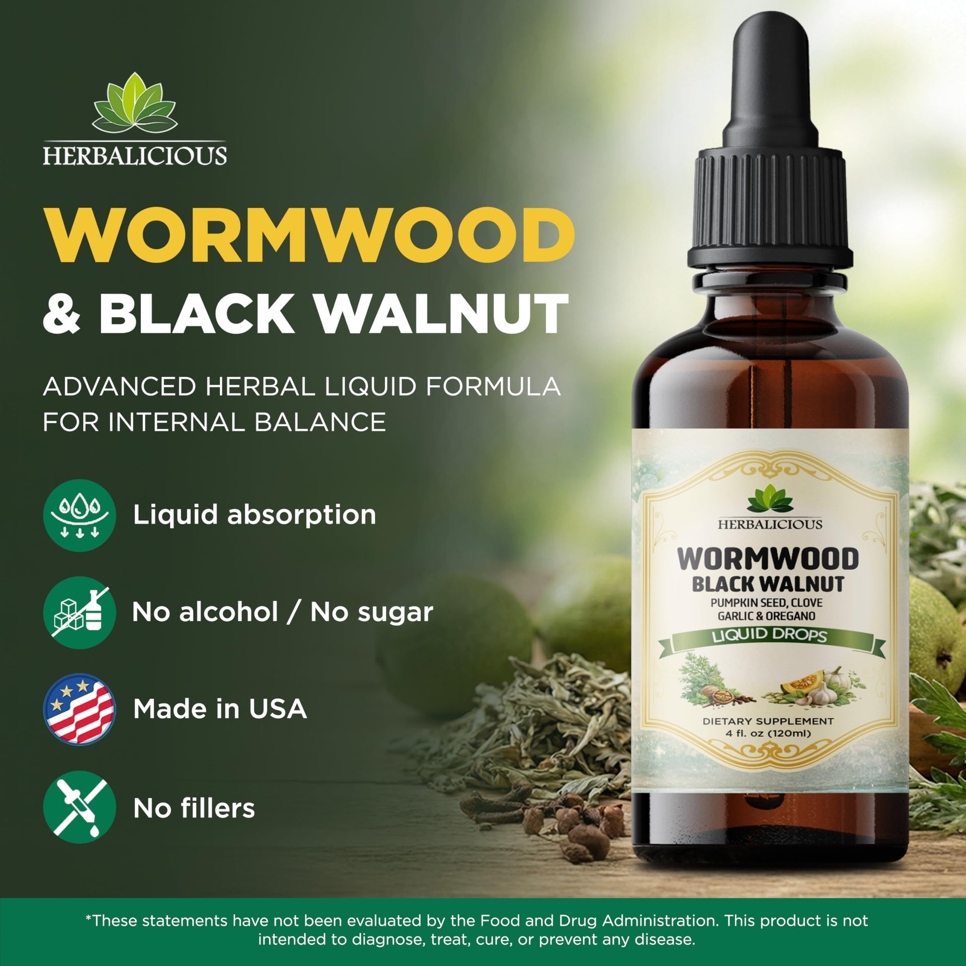 HEBRALICIOUS Wormwood Black Walnut Liquid Drops – Herbal Blend with Pumpkin Seed, Clove, Garlic & Oregano Oil – Alcohol Free Herbal Tincture – Liquid Dietary Supplement, 4 fl oz (120ml) HERBALICIOUS Au supplements
