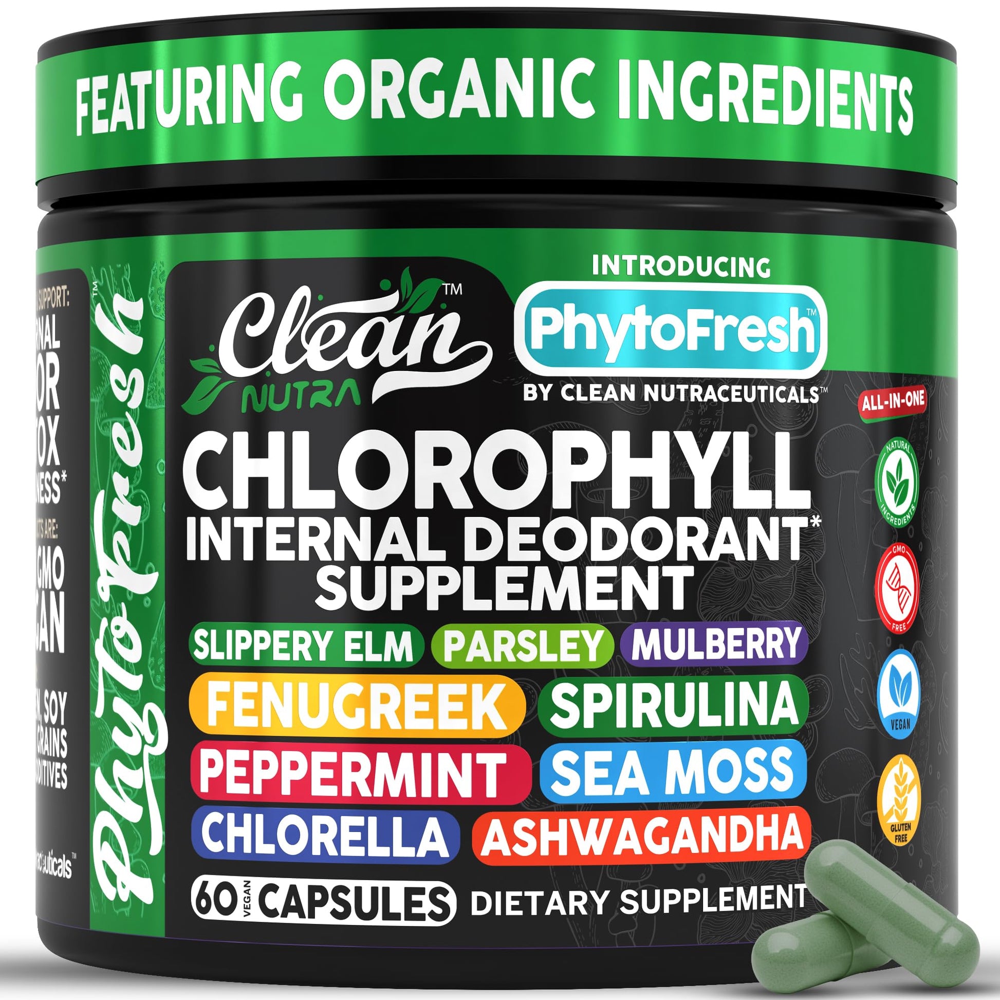 Clean Nutra Chlorophyll Capsules Supplement Internal Deodorant Peppermint, Sea Moss, Parsley, Chlorella, Spirulina, Slippery Elm, Ashwagandha, PhytoFresh Greens Detox Pills Clean Nutraceuticals Au supplements