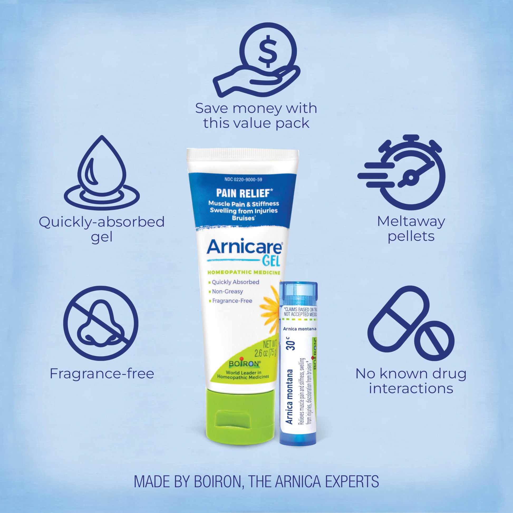 Boiron Arnicare Gel and Arnica 30c Value Pack for Pain Relief, Muscle Soreness, and Swelling from Bruising or Injury - 2.6 oz + 80 Pellet Tube Boiron Au supplements