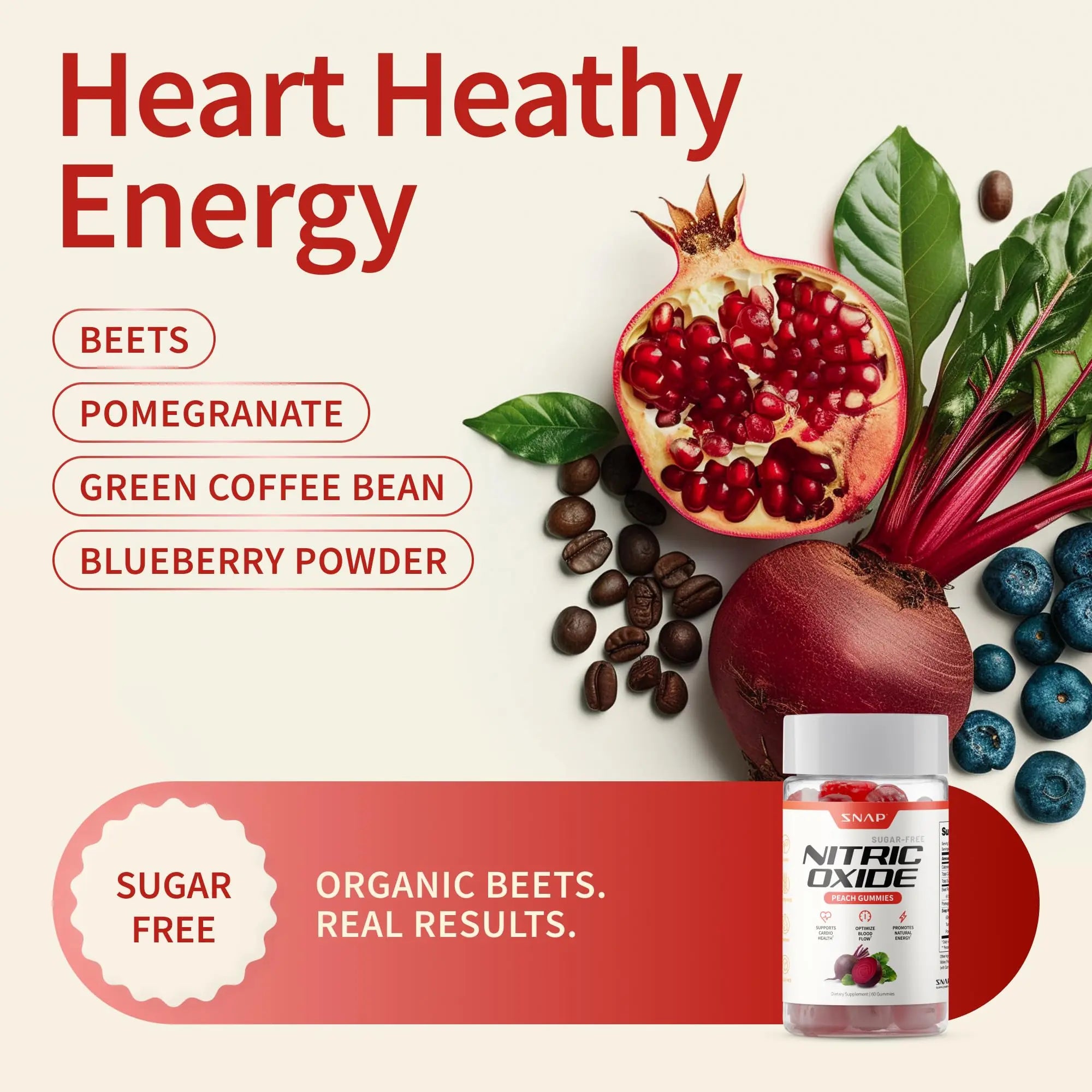 Snap Supplements Nitric Oxide Beet Root Gummies Supplement with Organic Beets - Energy & Circulation Support, 60 Sugar-Free Gummies (30 Servings, 1 Month Supply), Peach Snap Supplements Au supplements