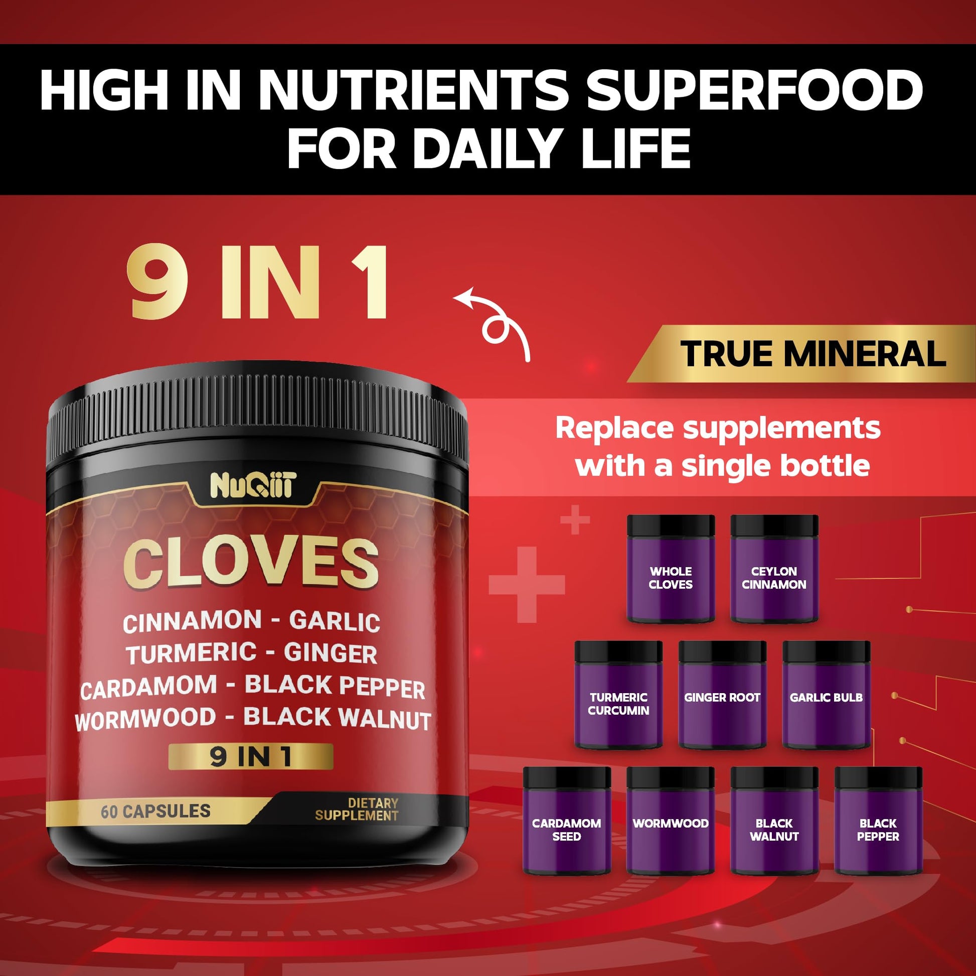 9in1 Clove Supplement Rich in Vitamins & Minerals for Digestive, Immune System, Bone & Heart Health with Cinnamon, Turmeric, Ginger, Cardamom, Garlic, Wormwood, Black Walnut - 60 Capsules - 30 Days NUQIIT Au supplements