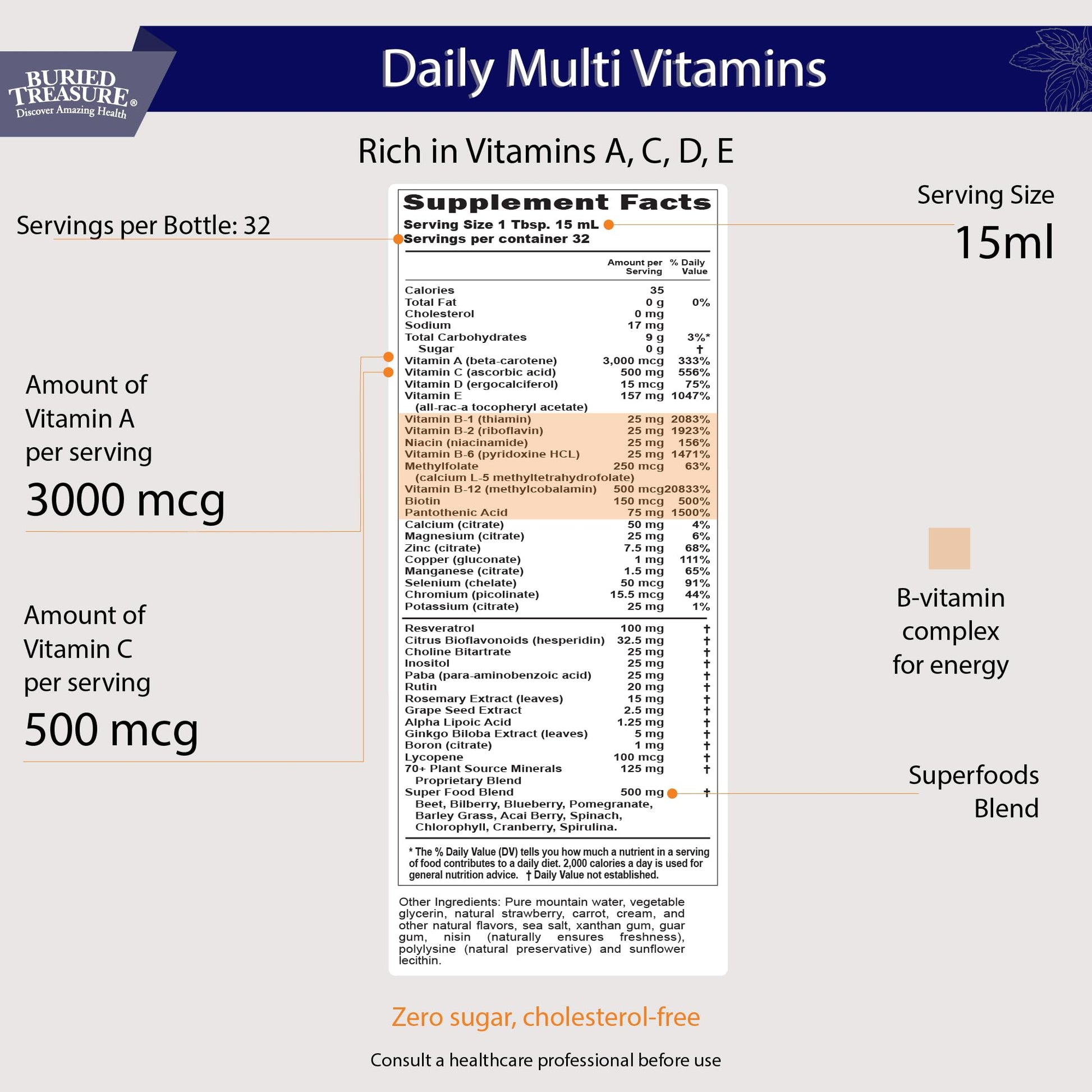 Buried Treasure Daily Nutrition Liquid Multivitamin and Mineral Supplement with Trace Minerals, Superfoods, Vitamin A, B-Complex, C, D, E, Methylfolate, Biotin, Magnesium, Zinc, Resveratrol, 32 serv Buried Treasure Au supplements