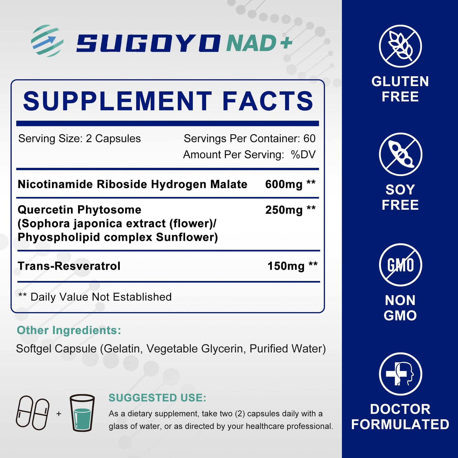 SUGOYO NAD+ Supplement 1000mg Liposomal Nicotinamide Riboside Enhanced with Resveratrol & Quercetin, Anti-Aging & Energy Boost, NMN Alternative, NAD Supplement for Women & Men (60 Count (Pack of 1)) SUGOYO Au supplements