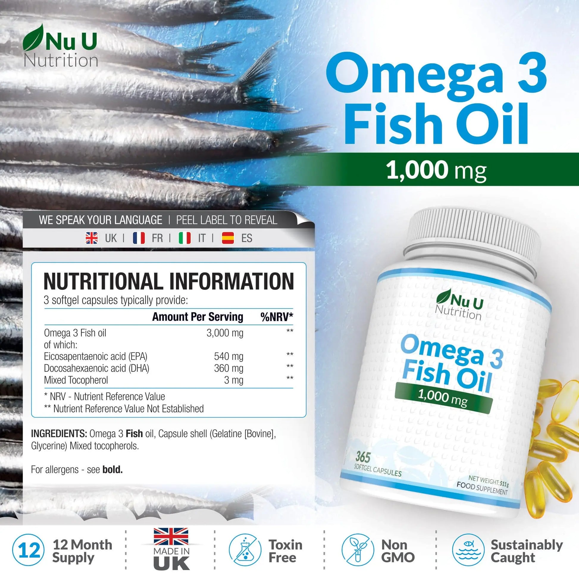 Omega 3 Fish Oil 1000mg - 365 Softgel Capsules - Up to 12 Month’s Supply - Pure Fish Oil Nu U Nutrition Au supplements