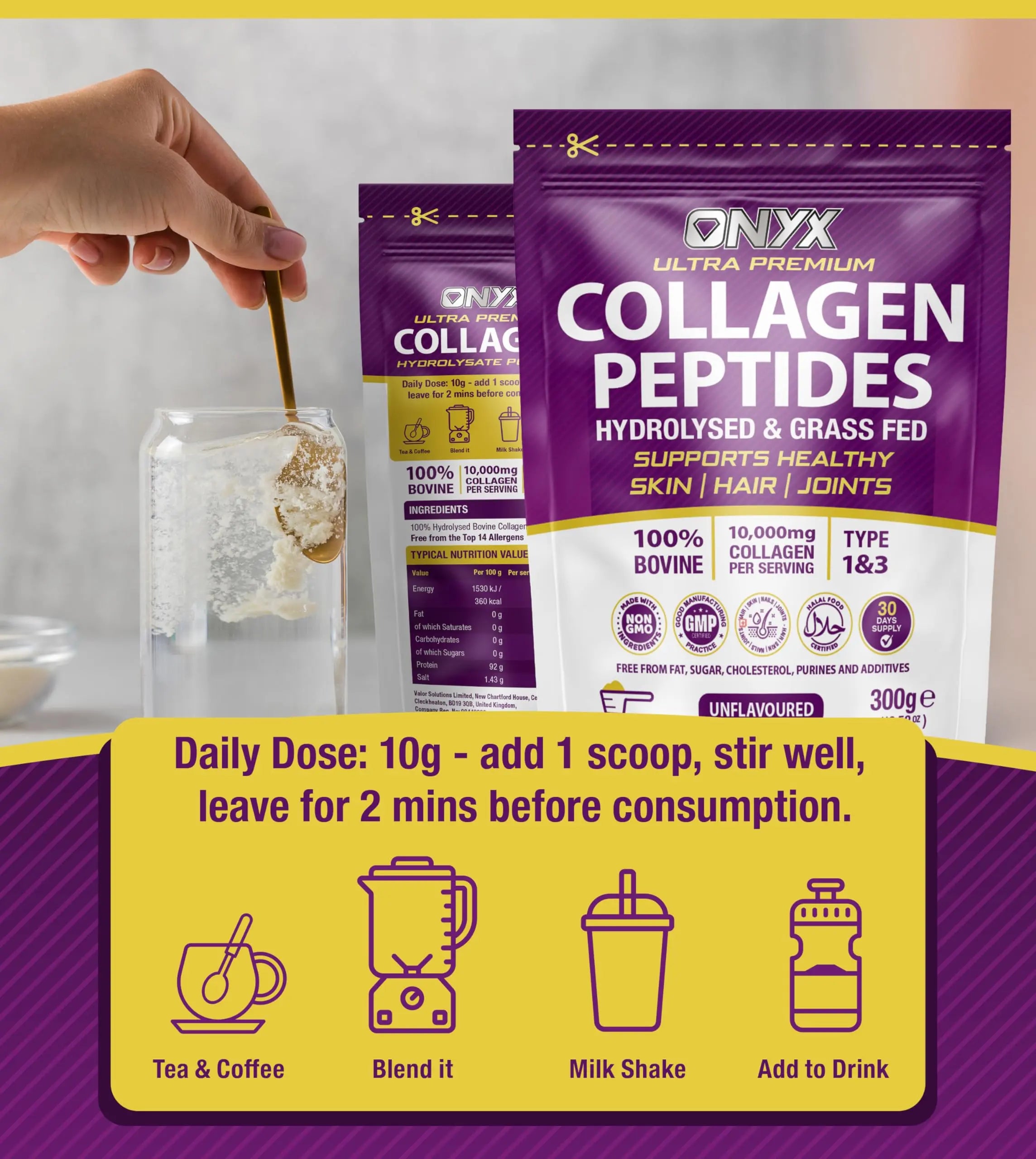 Premium Collagen Powder 300g Hydrolysed Bovine Collagen Peptides Powder ONYX INGREDIENTS 101 Au supplements