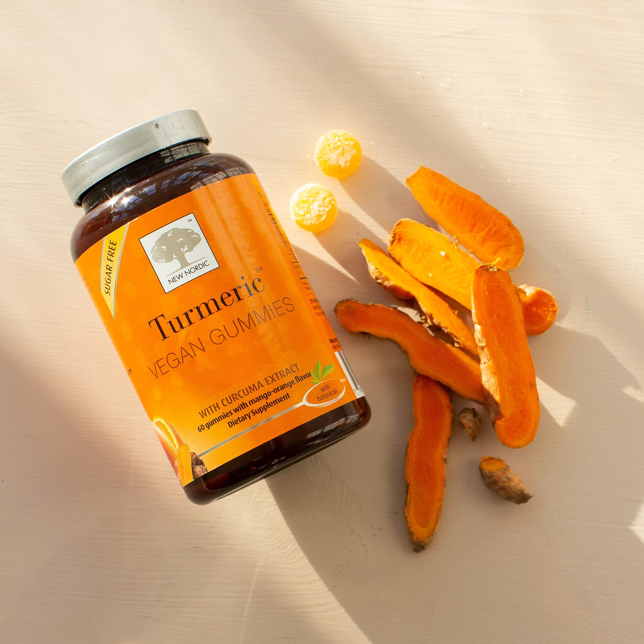 NEW NORDIC Turmeric Curcumin Gummies, Sugar Free, 300 mg Turmeric Supplement for Men and Women, Supports Normally Functioning Joints, Knees, Shoulders, Mango Orange, 60 Count NEW NORDIC Au supplements