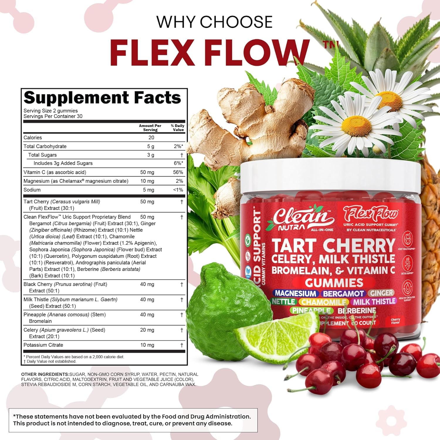 Clean Nutra Tart Cherry Gummies Uric Acid Flush Celery Milk Thistle Bromelain Vitamin C Magnesium Citrus Bergamot Ginger Stinging Nettle Leaf Chamomile Berberine Quercetin Support 60 Gummy Vitamins Clean Nutraceuticals Au supplements