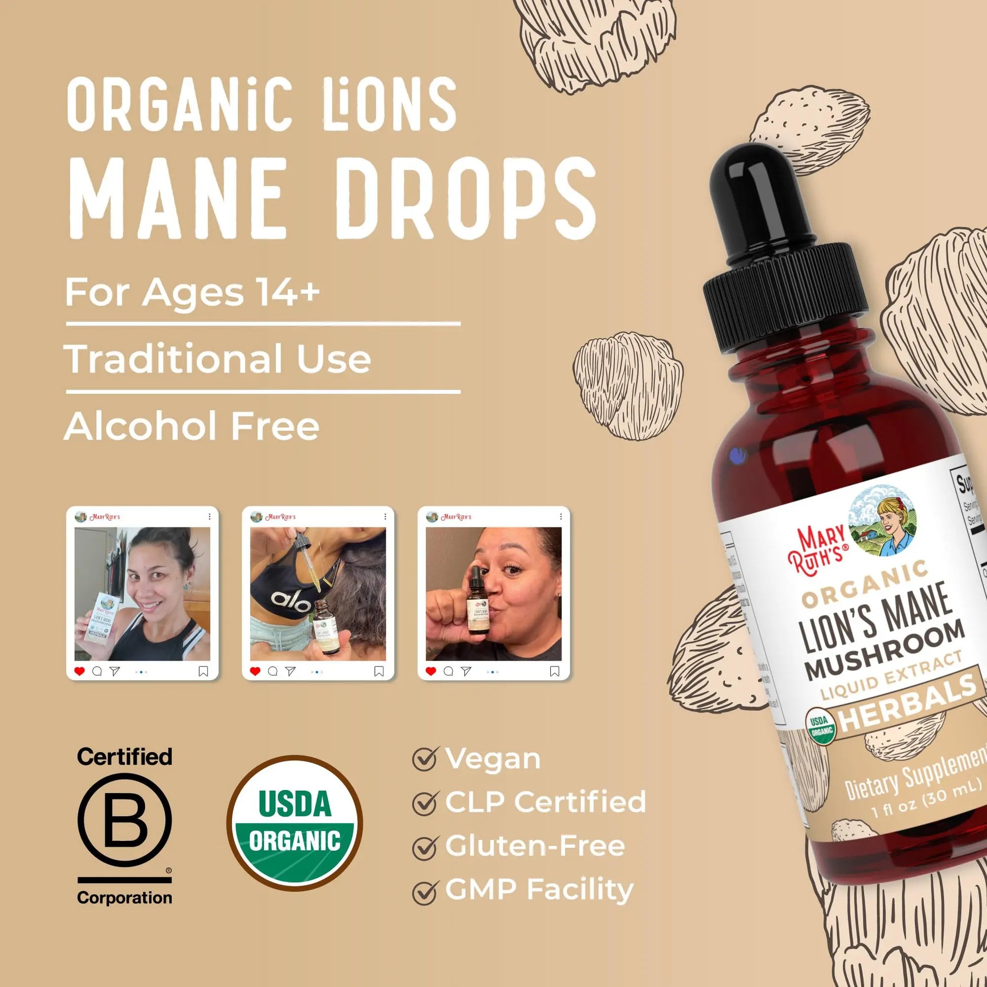MaryRuth Organics Lions Mane Mushroom Supplement, Up to 1 Month Supply, Nootropic USDA Organic Lions Mane Extract Nervine Herbal Liquid Drops, Brain Health Non-GMO MARYRUTH'S Au supplements