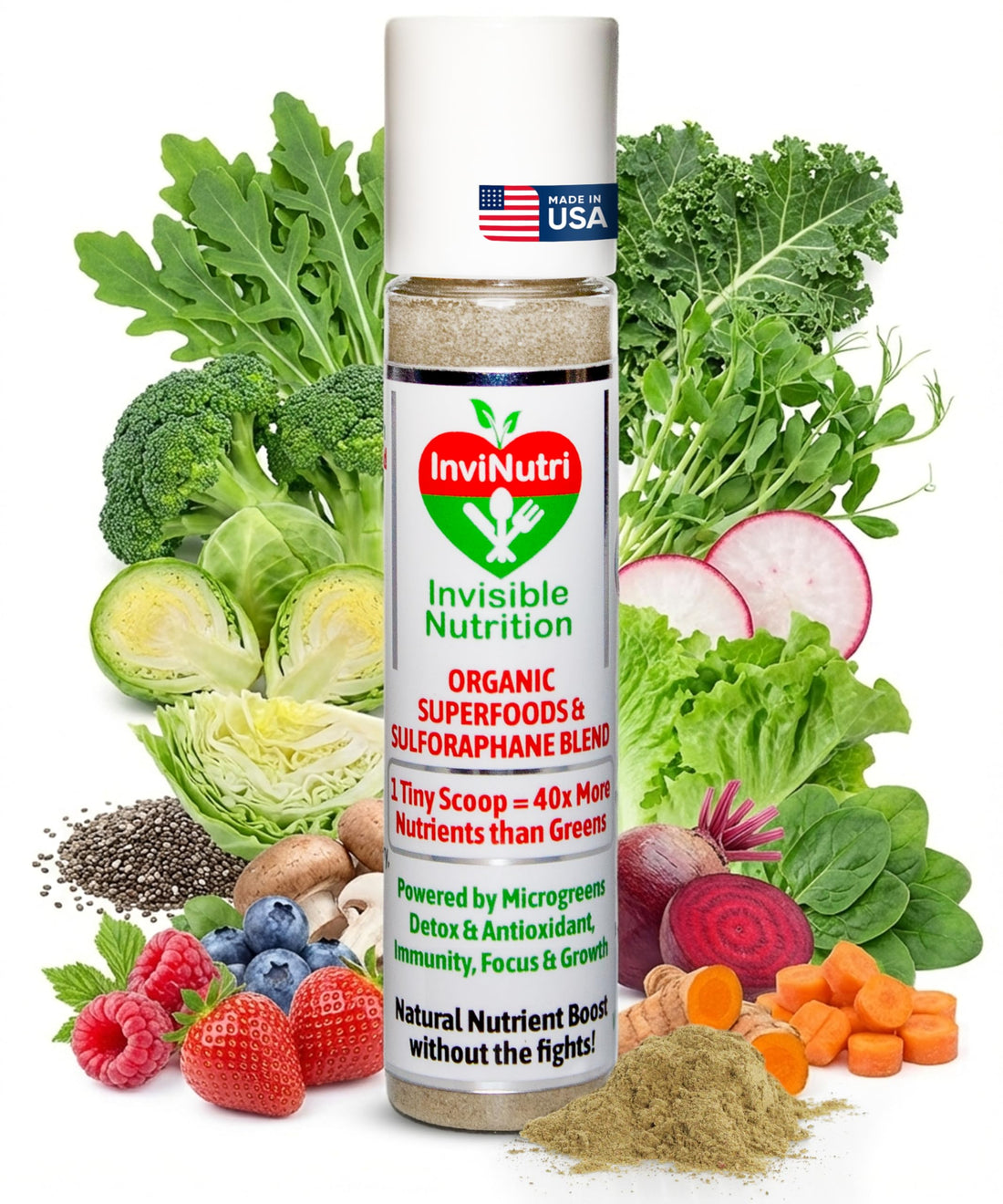 InviNutri Superfood Powder for Sensory & Picky Eaters. A TINY scoop- 40x Nutrient-Rich, 30mg Sulforaphane for Detox. Organic Microgreens, Fruits & Veggies - Blends Invisibly into Most Meals - 24 serv. InviNutri Invisible Nutrition Au supplements