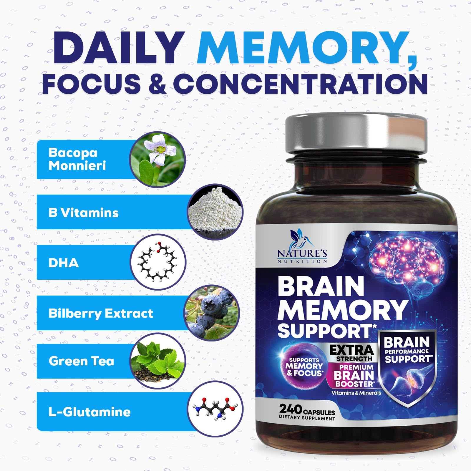 Brain Memory Supplement Pills - 3X Strength Nootropics for Concentration, Clarity & Focus Support - Brain Health Cognitive Vitamins with Bacopa, Phosphatidylserine & DMAE, Brain Booster - 240 Capsules Nature's Nutrition Au supplements