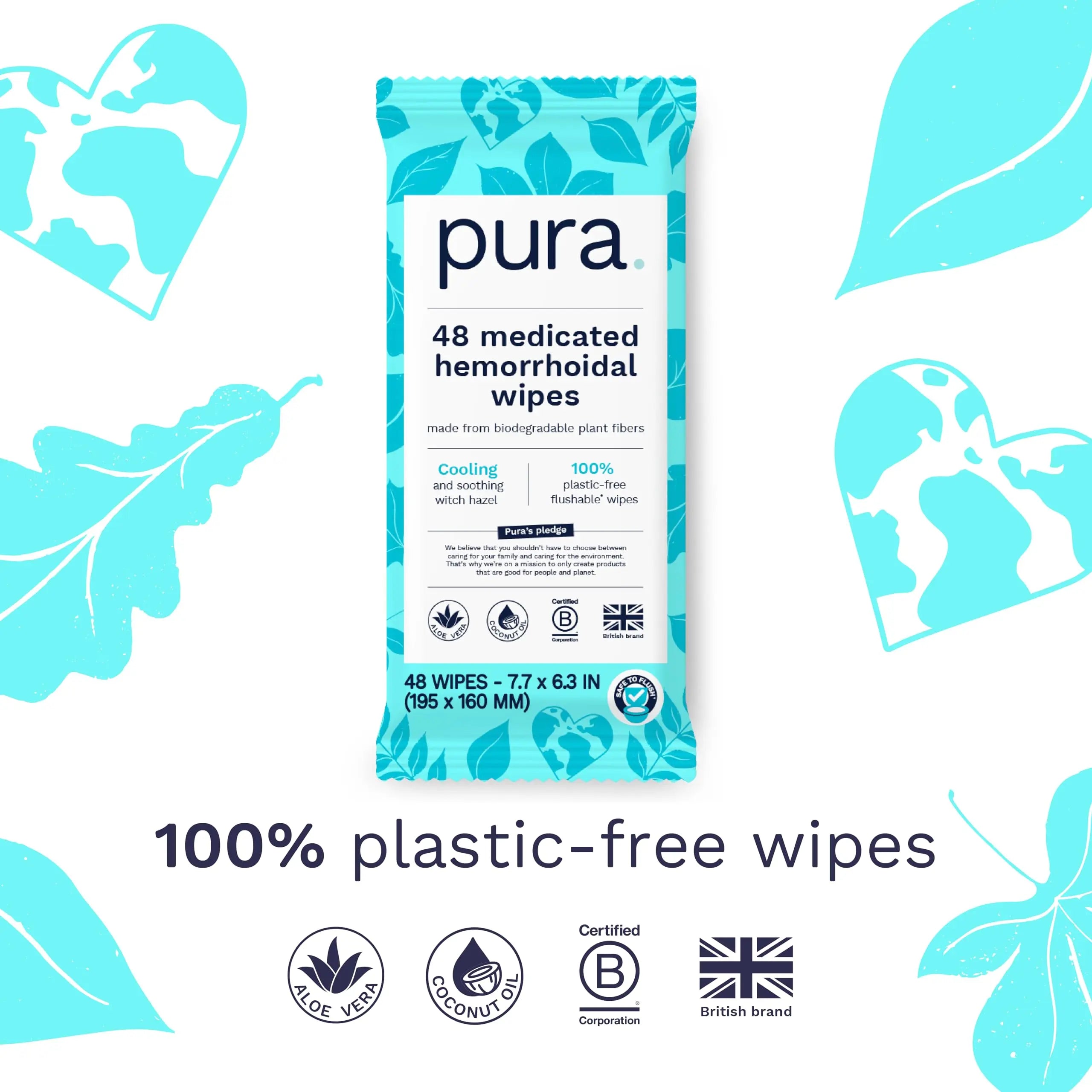 Pura Flushable Hemorrhoid Wipes XL, 48 Count, Medicated with Cooling Witch Hazel, Aloe & Coconut Oil, Fast Relief, Fragrance-Free, 100% Plastic-Free Pura Au supplements