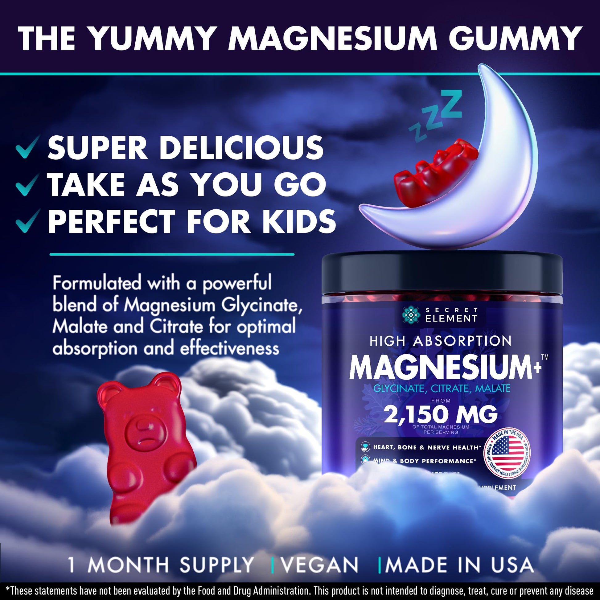 Magnesium Glycinate 2150 MG Gummies, High Absorption Magnesium Glycinate, Citrate & Malate, Sugar-Free, Vegan, Chews for Men & Women, 60 Gummies, Cherry Flavor– 60 Wild Cherry Flavor Chews Secret Element Au supplements