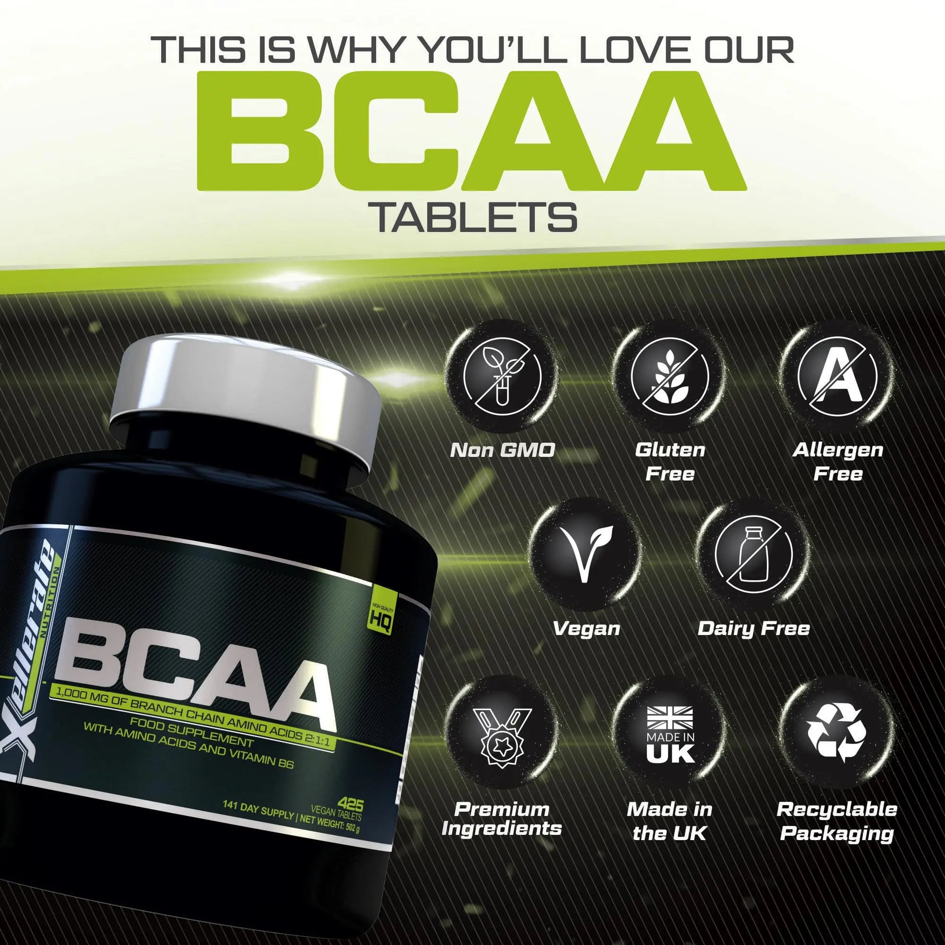 BCAA 1000mg - 425 Vegan Tablets - 3000mg Daily Serving - 141 Day Supply - 2:1:1 BCAAs Xellerate NUTRITION Au supplements