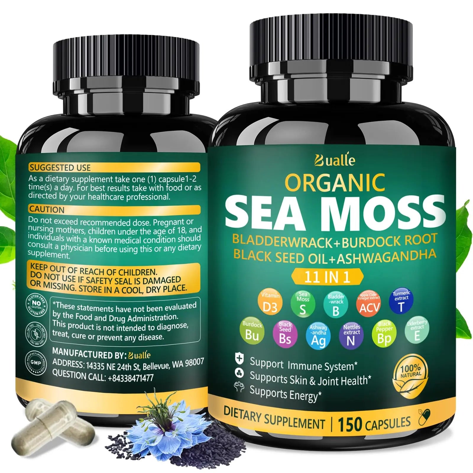 Bualle Irish Sea Moss Capsules – Organic Sea Moss, Black Seed Oil, Ashwagandha Supplements with Bladderwrack, Ginger & Burdock Root – Supports Daily Wellness, Skin & Energy – 150 Count (1 Pack) Bualle Au supplements