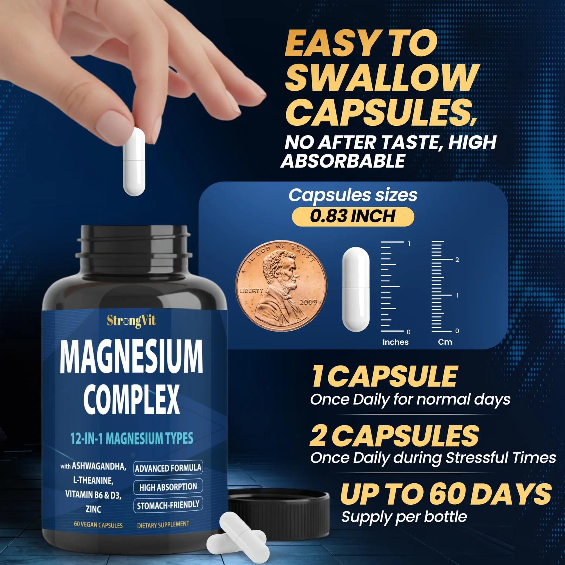 1000mg Magnesium Complex for Women and Men, 12 in 1 Magnesium Supplement with Ashwagandha, Zinc, D3, L-theanine. Easy to Swallow, High Absorption, Sleep Support & Stress Relief (60 Capsules) StrongVit Au supplements