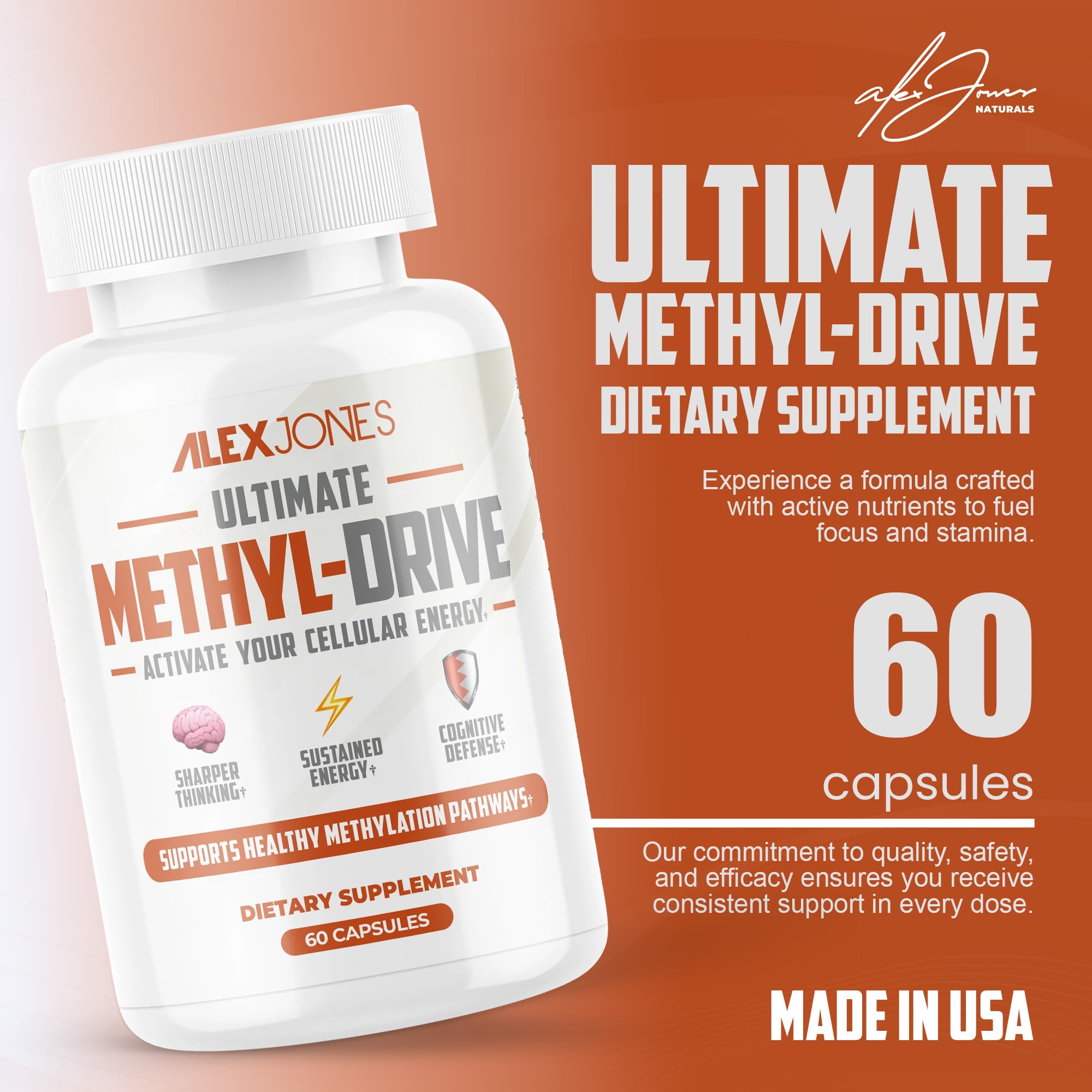 Alex Jones Naturals Methyl Drive Vitamin B Methylated Complex Formula – Mitochondrial Support Supplement w/ CoQ10, PQQ Supplement, Magnesium, B Methylated Complex & BioPerine – 60 Capsules Alex Jones Naturals Au supplements