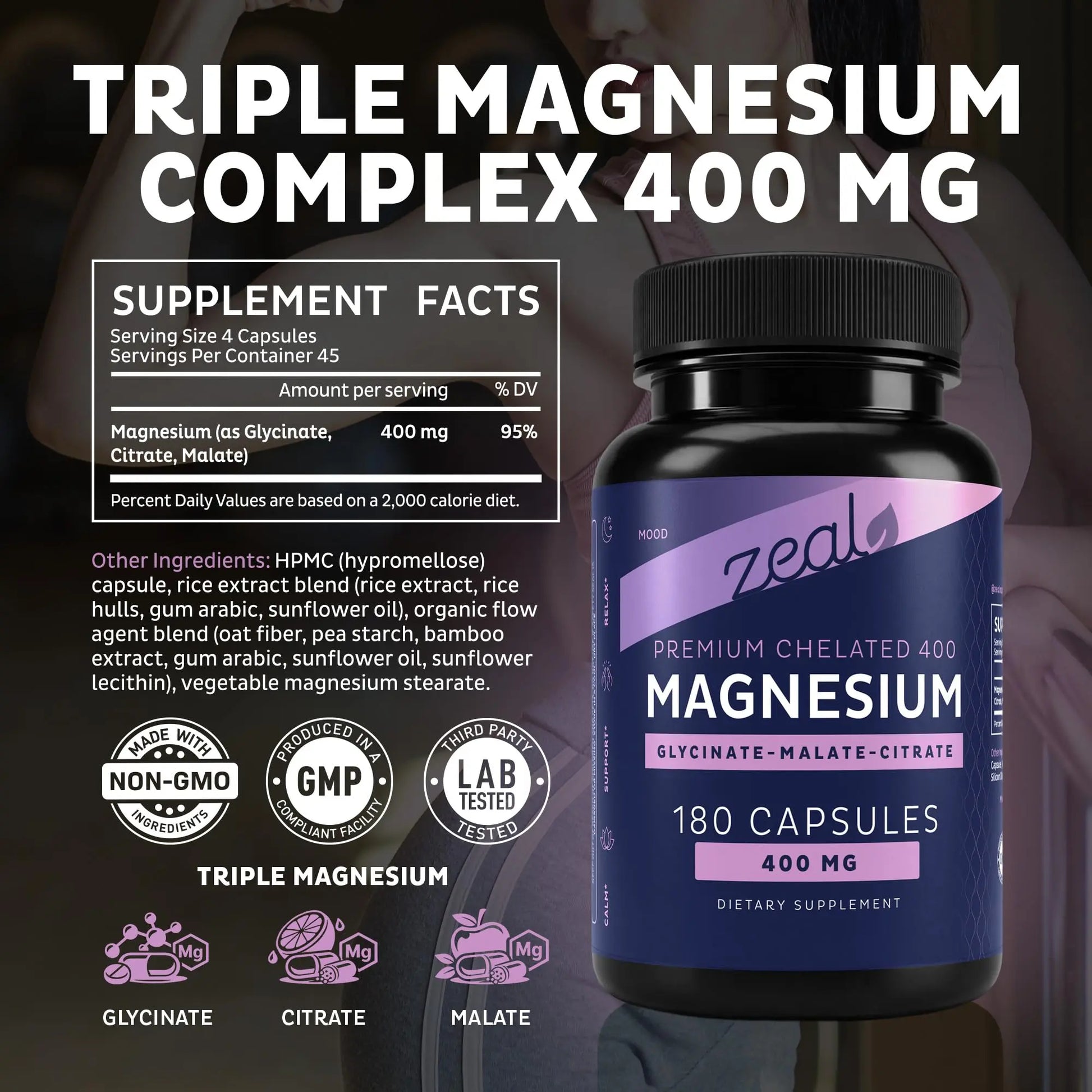 Zeal Naturals Triple Magnesium Complex Supplement - Glycinate, Malate, Citrate | 400mg, 180 Capsules | High Absorption Chelated Magnesium for Sleep, Mood, Muscle Recovery, Relaxation Zeal Naturals Au supplements