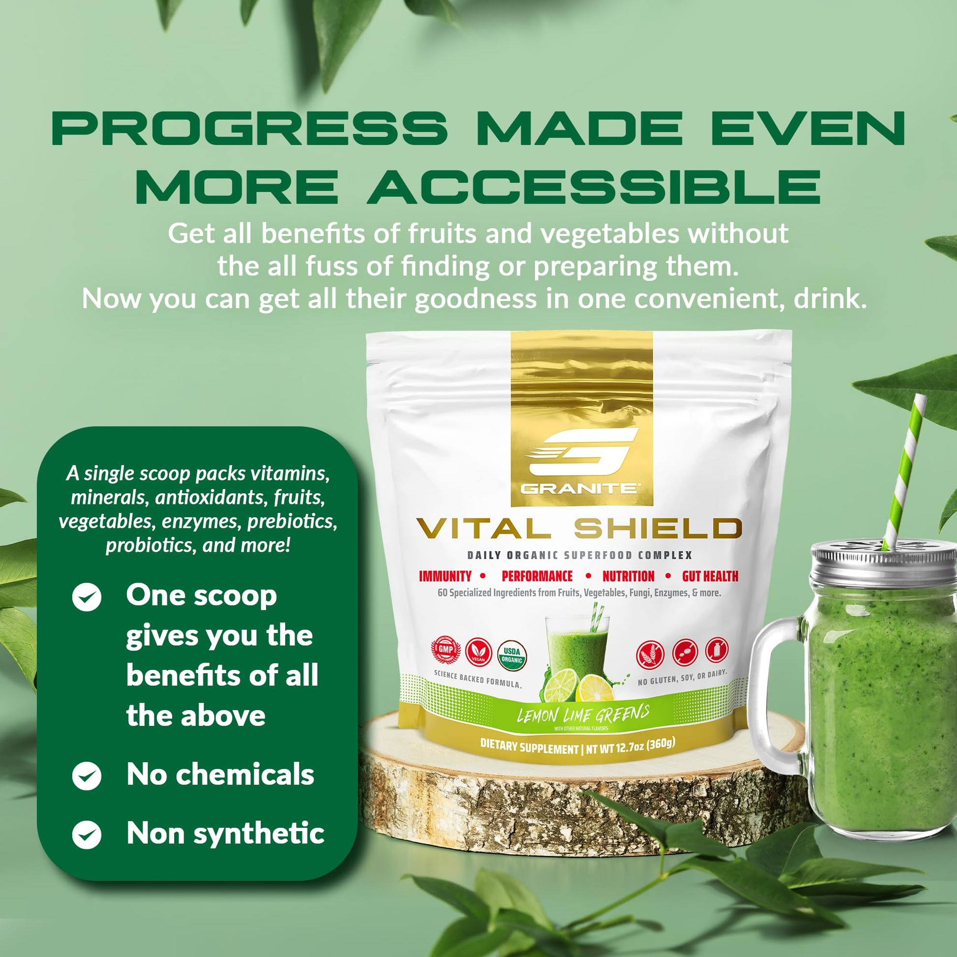 Granite Nutrition Vital Shield - USDA Organic Superfood Greens with Mushrooms & Tart Cherry – Supports Energy, Immune Function & Digestive Health – Lemon Lime Flavor (30 Servings) Granite Supplements Au supplements