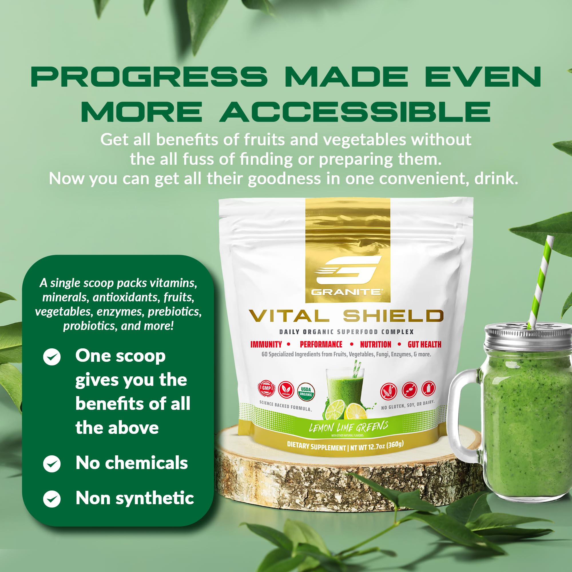 Granite Nutrition Vital Shield - USDA Organic Superfood Greens with Mushrooms & Tart Cherry – Supports Energy, Immune Function & Digestive Health – Lemon Lime Flavor (30 Servings) Granite Supplements Au supplements