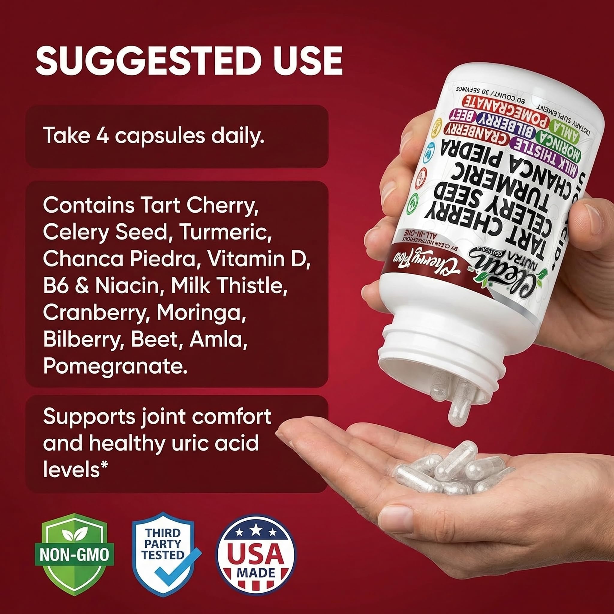 Cherry Flow Tart Cherry Capsules Uric Acid Support Celery Seed Turmeric Chanca Piedra Vitamin D Vitamin B6 Niacin Milk Thistle Moringa Extract Pomegranate Beets 90 Count By Clean Nutra Clean Nutraceuticals Au supplements