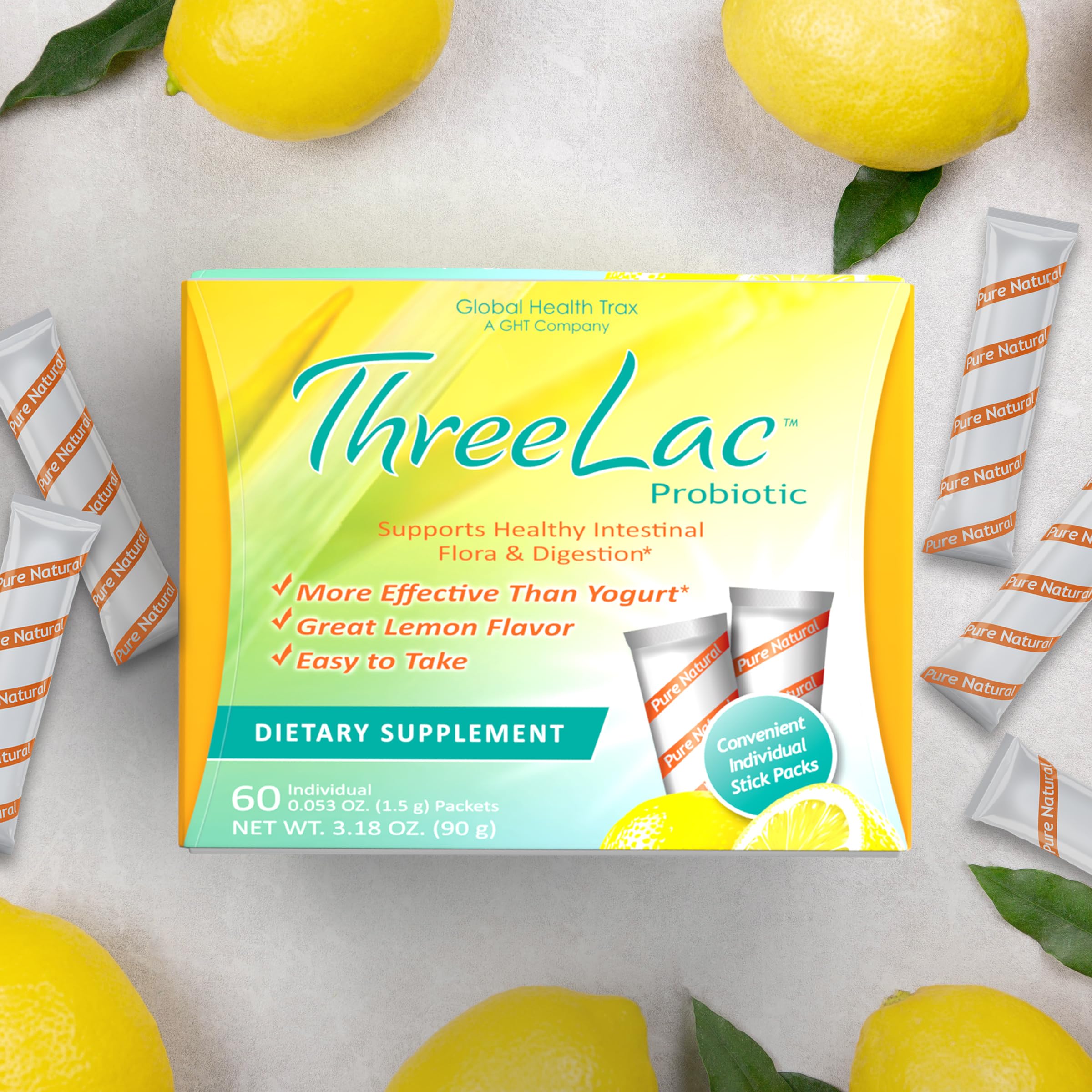 Global Health Trax GHT - ThreeLac Lemon Probiotic Drink Mix for Digestive Health - Advanced Probiotic Powder Formula for Men, Women & Kids - Immune Support & Gut Balance, Non-GMO - 60 Packets ght Global Health Trax Au supplements