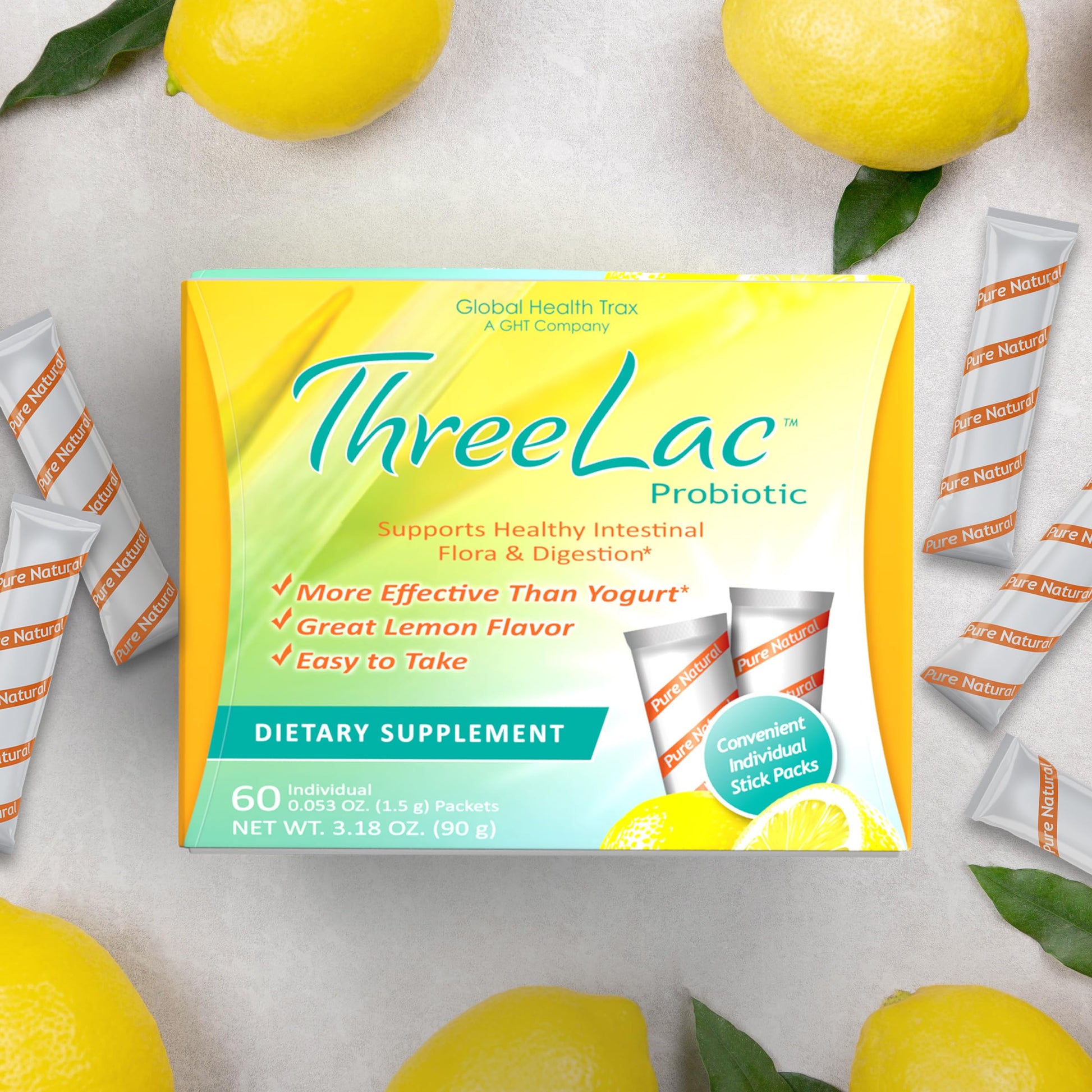 Global Health Trax ThreeLac Lemon Probiotic Drink Mix for Digestive Health - Advanced Probiotic Powder Formula for Men, Women, and Kids - Immune Support & Gut Balance, Non-GMO - 180 Packets ght Global Health Trax Au supplements